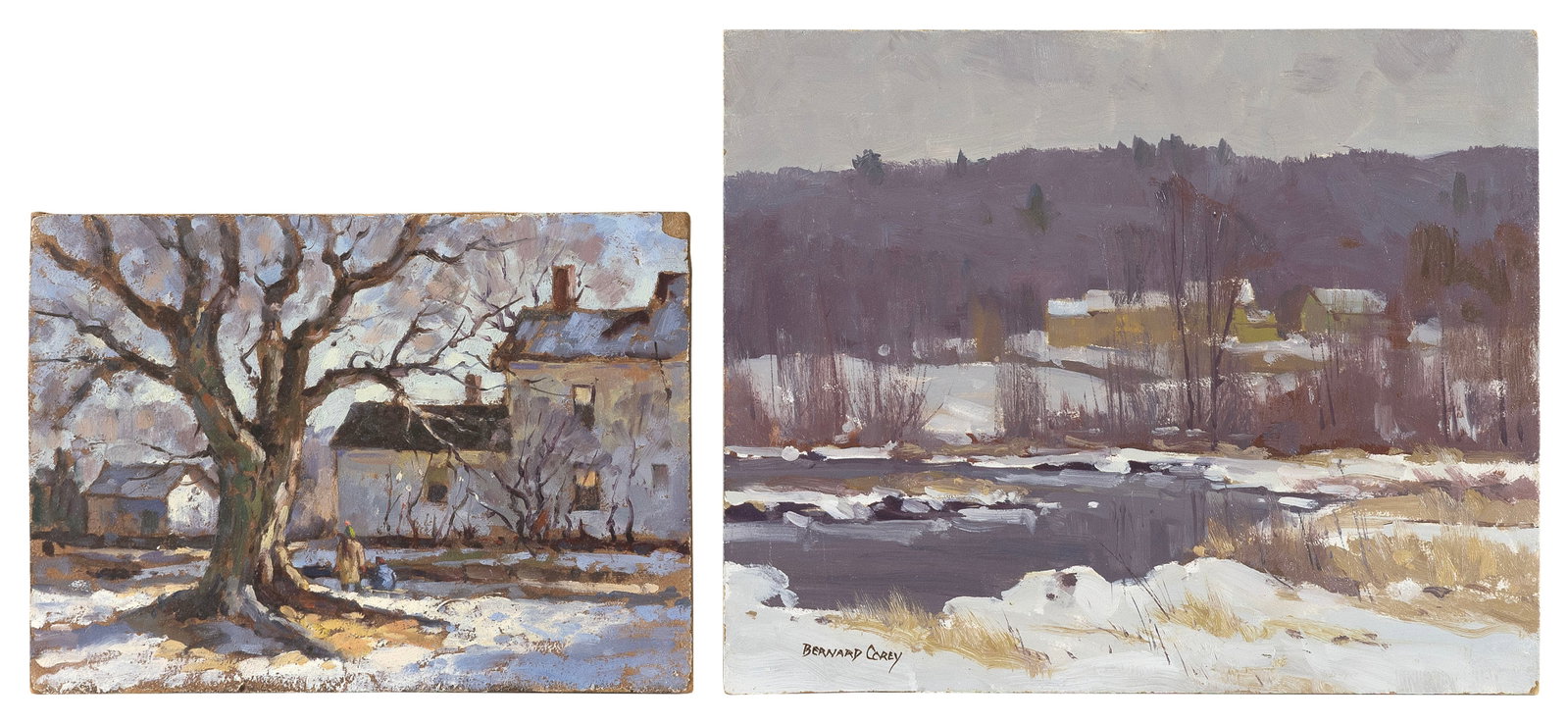 BERNARD COREY (Massachusetts, 1914-2000), Two landscapes: BERNARD COREY Massachusetts, 1914-2000 Two landscapes: 1) Winter river. Signed lower left "Bernard Corey". Oil on board, 8" x 10". Unframed. 2) Winter scene. Unsigned. Oil on board, 6" x 8.25". Unfram