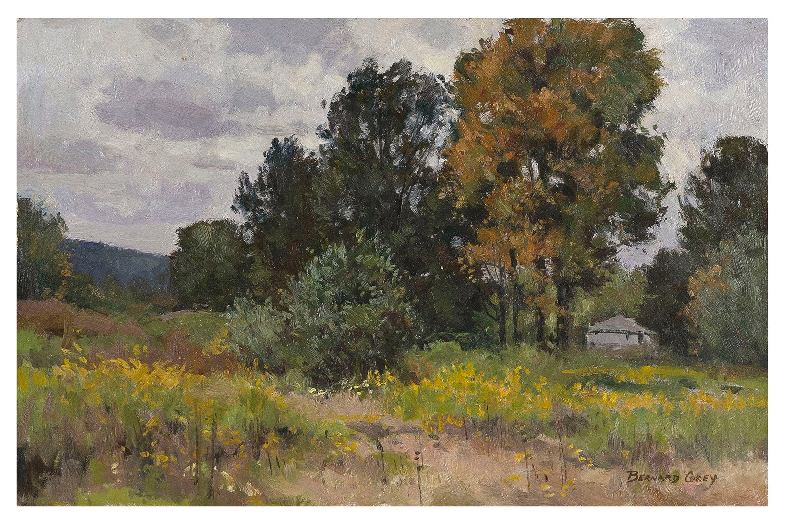 BERNARD COREY (Massachusetts, 1914-2000), Shed in the woods., Oil on board, 9" x 14". Unframed.: BERNARD COREY Massachusetts, 1914-2000 Shed in the woods. Signed lower right "Bernard Corey". Oil on board, 9" x 14". Unframed.