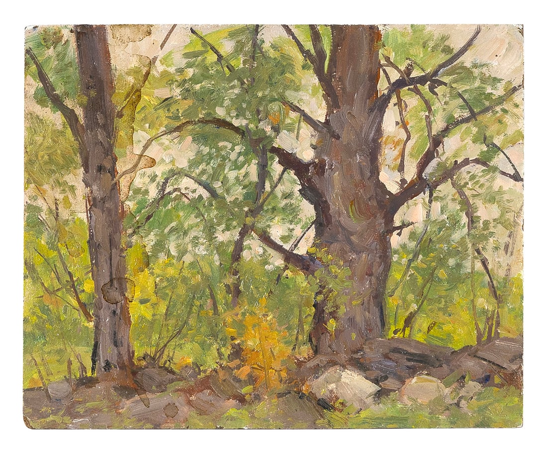BERNARD COREY (Massachusetts, 1914-2000), Tree study., Oil on board, 6.5" x 7.75". Unframed. (1 of 2)