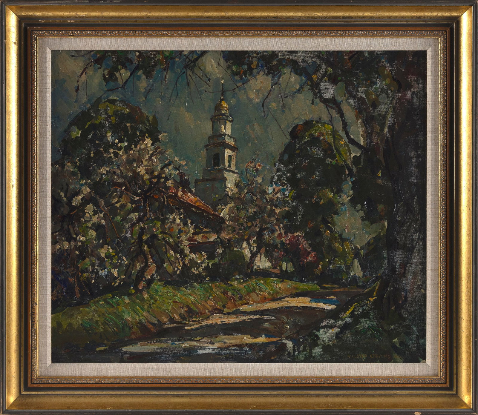 WILLIAM LESTER STEVENS (Massachusetts, 1888-1969), New England church steeple peeking through the (1 of 2)