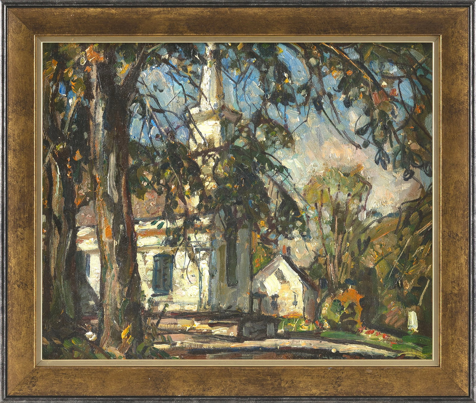 WILLIAM LESTER STEVENS (Massachusetts, 1888-1969), New England church., Oil on board, 11.5" x 14". (1 of 2)