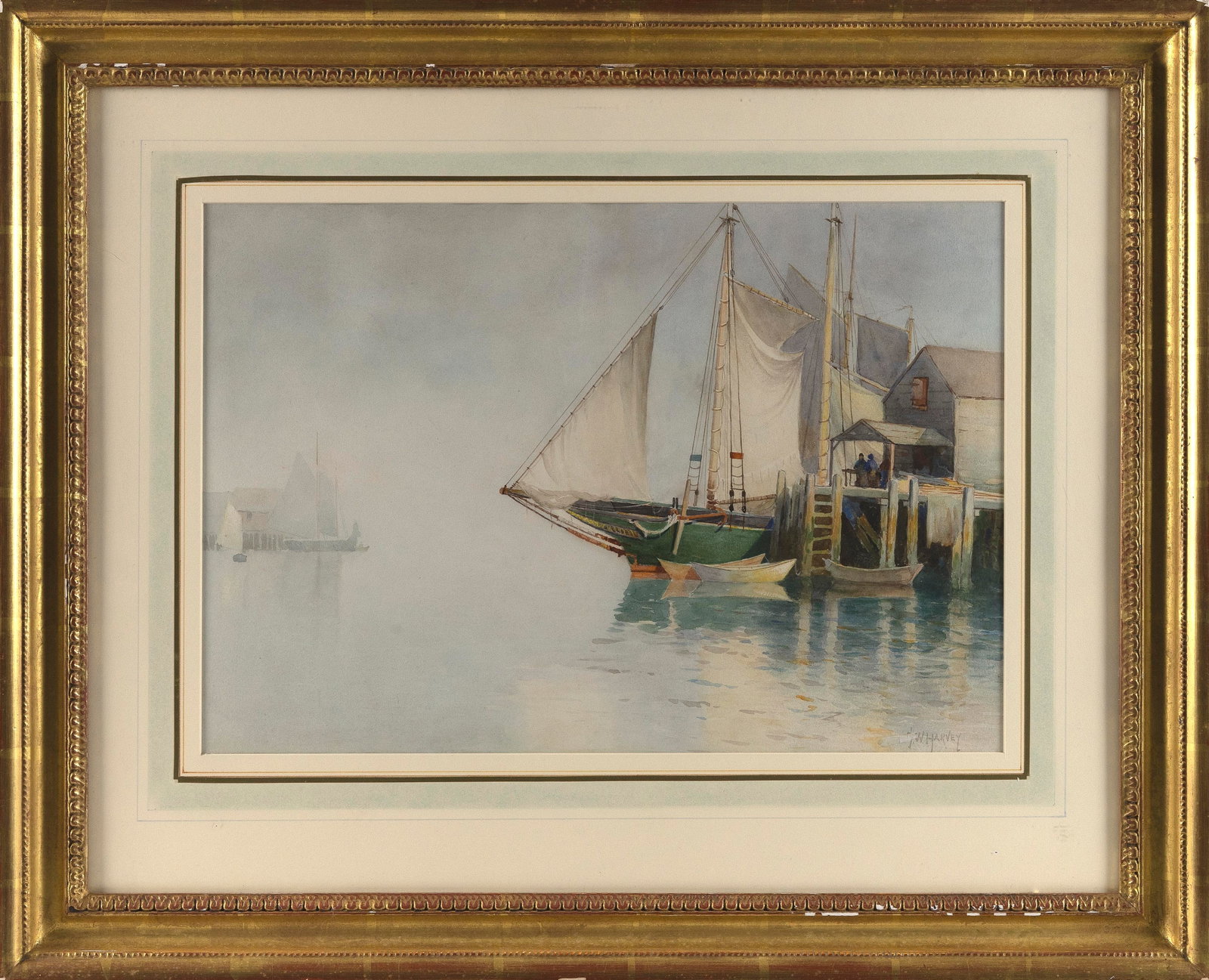 GEORGE WAINRIGHT HARVEY (Massachusetts/Holland, 1855-1930), Boat at a pier., Watercolor, 13" x 19" (1 of 2)