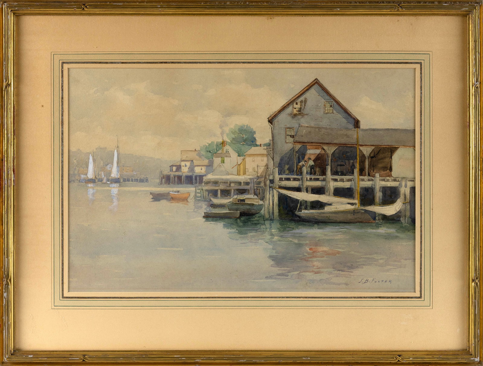 JOHN B. FOSTER (Massachusetts, 1865-1930), Harbor scene with men working on the docks., Watercolor (1 of 2)