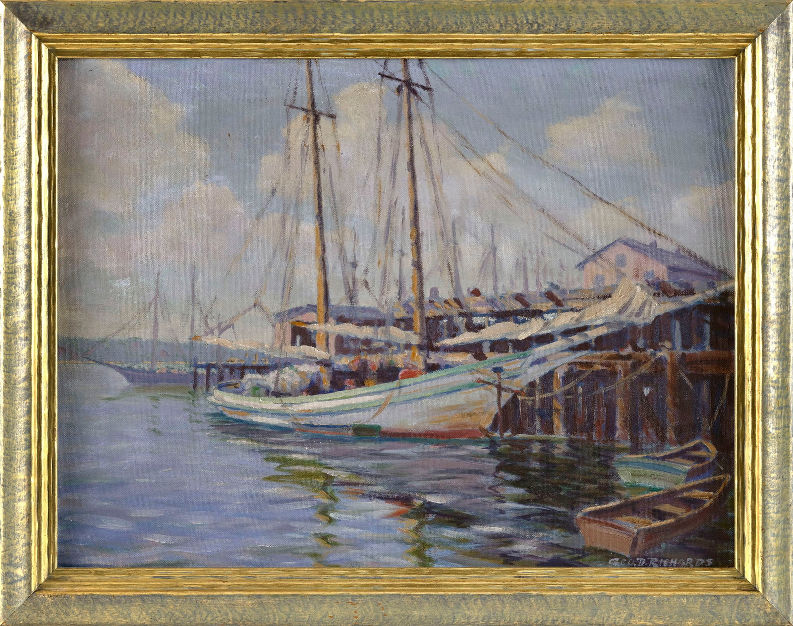 GEORGE D. RICHARDS (America, 20th Century), Ship at dock., Oil on board, 18" x 24". Framed 21.5" x (1 of 2)