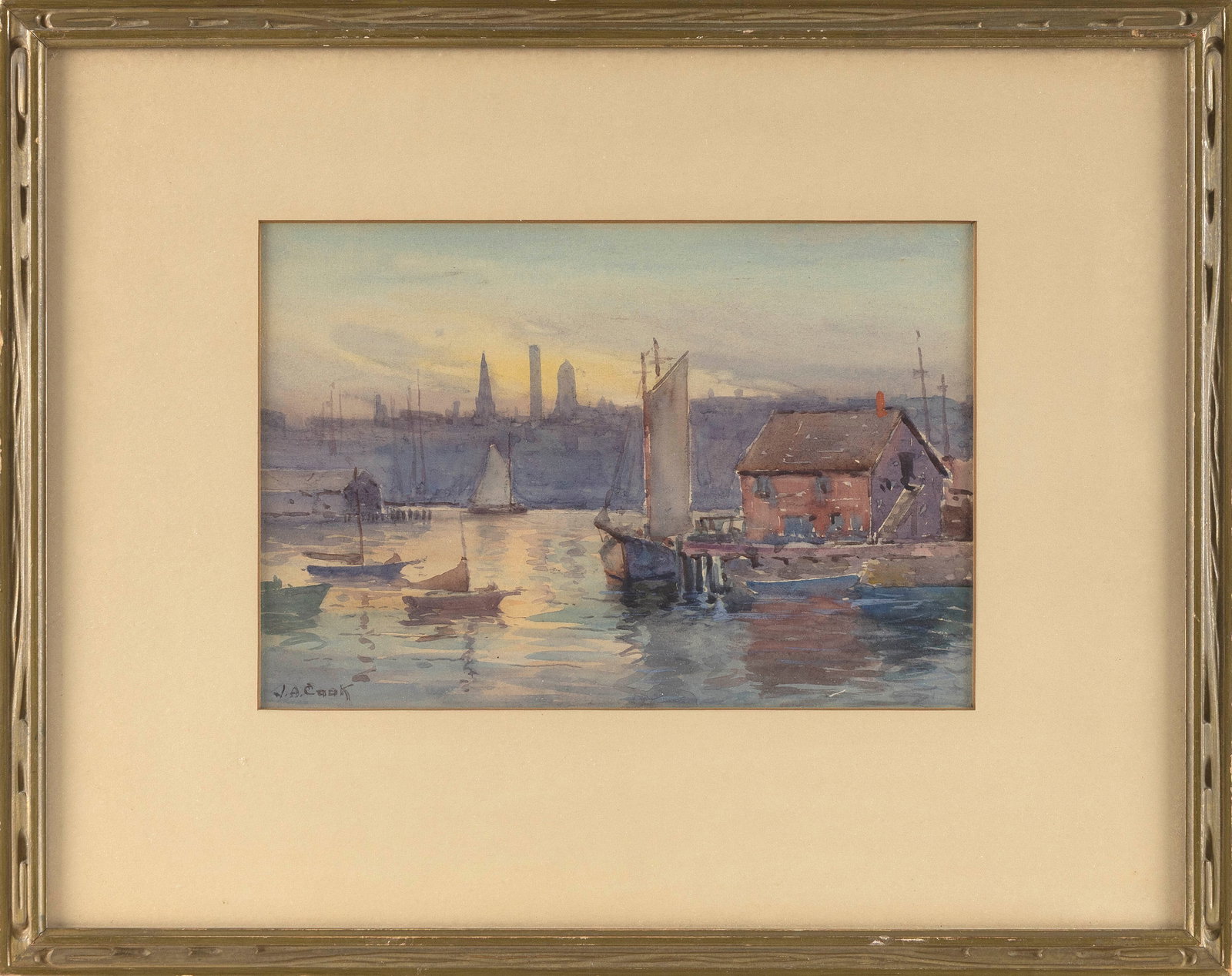 JOHN ALFRED COOK (Massachusetts, 1870-1936), Sailboats in Gloucester Harbor., Watercolor on paper, (1 of 1)
