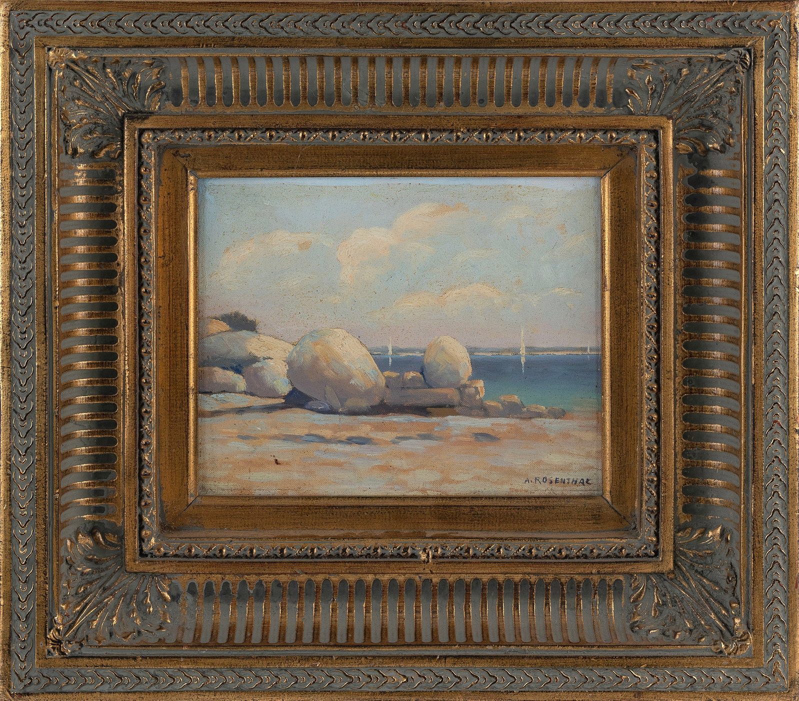 ABRAHAM ROSENTHAL (New York/Massachusetts, 1886-1963), Rocky beach., Oil on canvas board, 8" x 10".: ABRAHAM ROSENTHAL New York/Massachusetts, 1886-1963 Rocky beach. Signed lower right "A. Rosenthal". Oil on canvas board, 8" x 10". Framed 17" x 19".