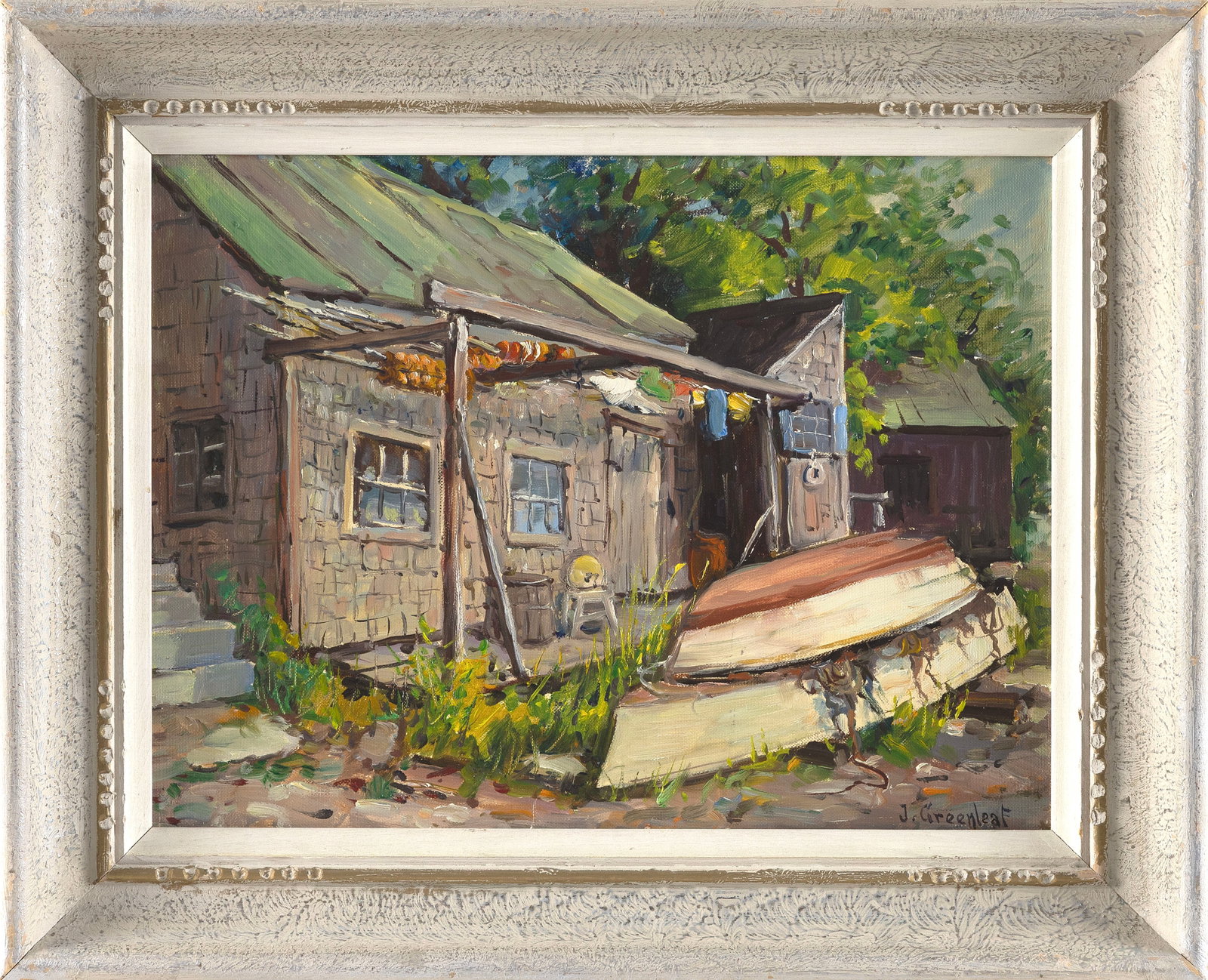 JACOB I. GREENLEAF (Massachusetts, 1887-1968), "Star Island, Rockport, Mass"., Oil on canvas board,: JACOB I. GREENLEAF Massachusetts, 1887-1968 "Star Island, Rockport, Mass". Signed lower right "J. Greeleaf". Titled on label verso. Oil on canvas board, 12" x 16". Framed 16.5" x 22.5".