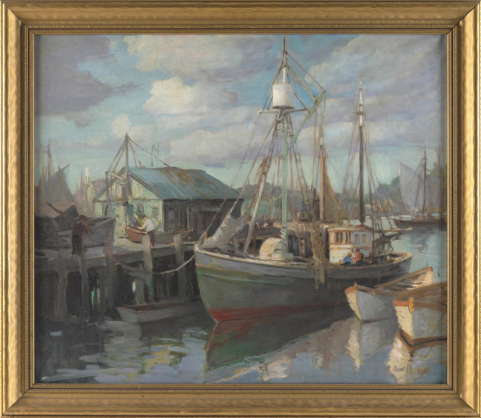 JAMES KING BONNAR (Massachusetts, 1883/85-1961), Dock scene, Gloucester, Massachusetts., Oil on (1 of 1)