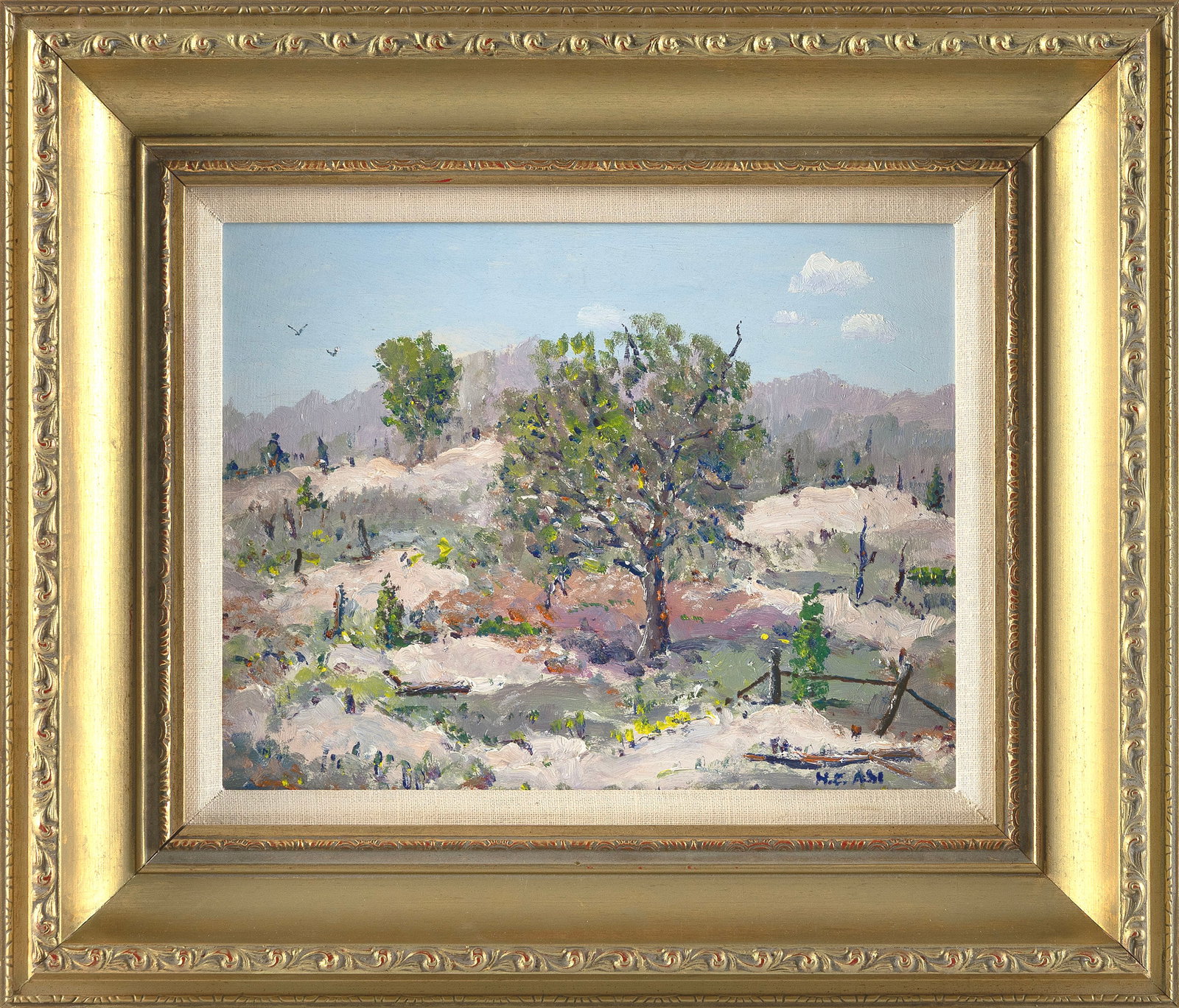 HENRY CURTIS AHL, JR. (Massachusetts/New Hampshire, 1905-1996), Hillside landscape with trees., Oil: HENRY CURTIS AHL, JR. Massachusetts/New Hampshire, 1905-1996 Hillside landscape with trees. Signed lower right "H.C. Ahl". Oil on masonite, 8" x 10". Framed 13" x 15".