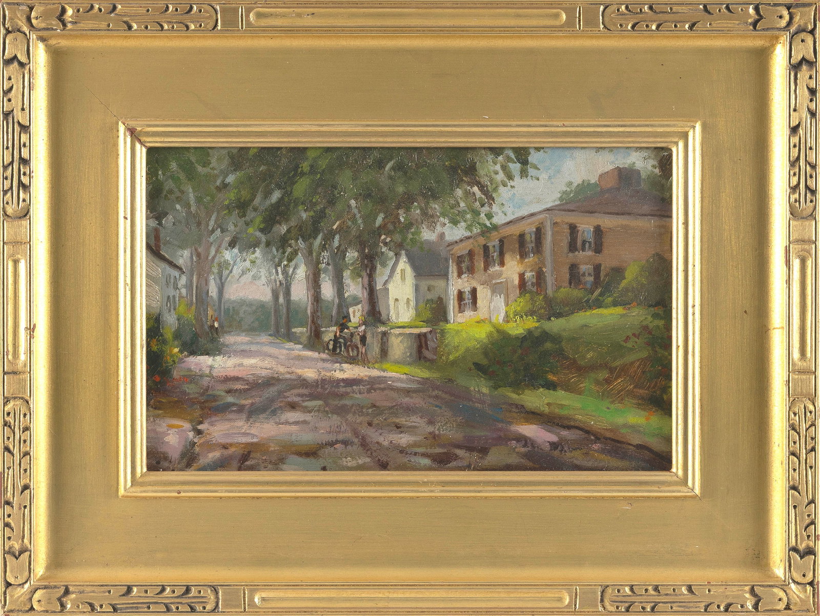 JOHN PAUPLIS (Massachusetts, 1927-2023), "Elm Street, Gloucester"., Oil on board, 9" x 15". Framed: JOHN PAUPLIS Massachusetts, 1927-2023 "Elm Street, Gloucester". Unsigned. Artist's stamp and Copley Society label verso. Oil on board, 9" x 15". Framed 17" x 22.5". Notes: John Pauplis was an artist, 