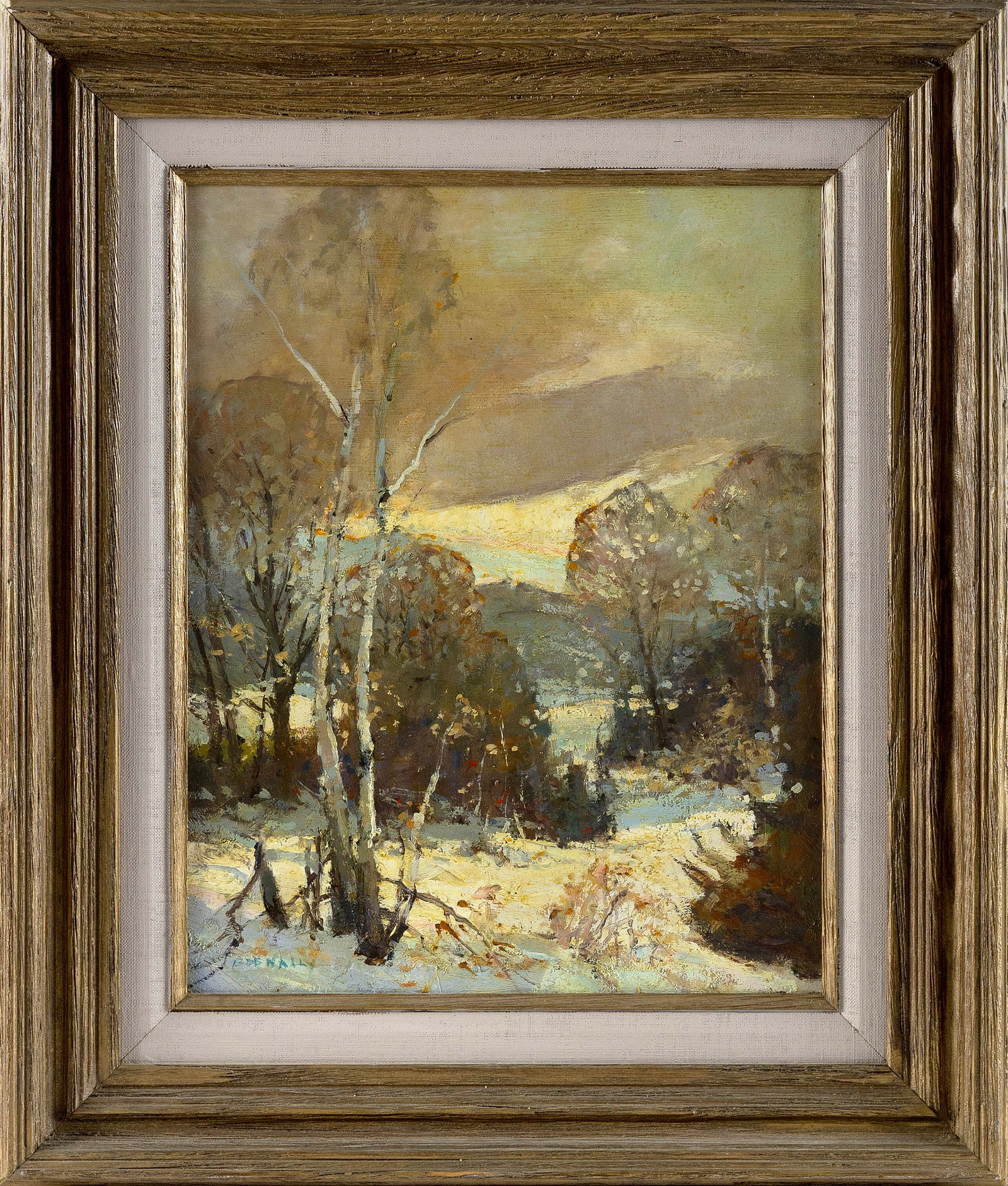 BOB NALLY (Vermont, 1938-1990), "Vermont, 1985"., Oil on panel, 14" x 11". Framed 20" x 17".: BOB NALLY Vermont, 1938-1990 "Vermont, 1985". Signed lower left "Bob Nally." Titled verso. Oil on panel, 14" x 11". Framed 20" x 17".