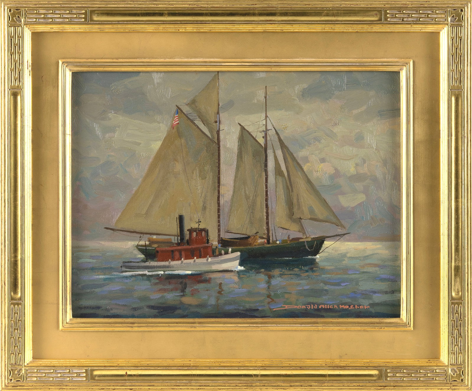 DONALD ALLEN MOSHER (Massachusetts, 1945-2014), "Releasing the Tow"., Oil on canvas, 12" x 16".: DONALD ALLEN MOSHER Massachusetts, 1945-2014 "Releasing the Tow". Signed lower right "Donald Allen Mosher". Oil on canvas, 12" x 16". Framed 18.5" x 22".