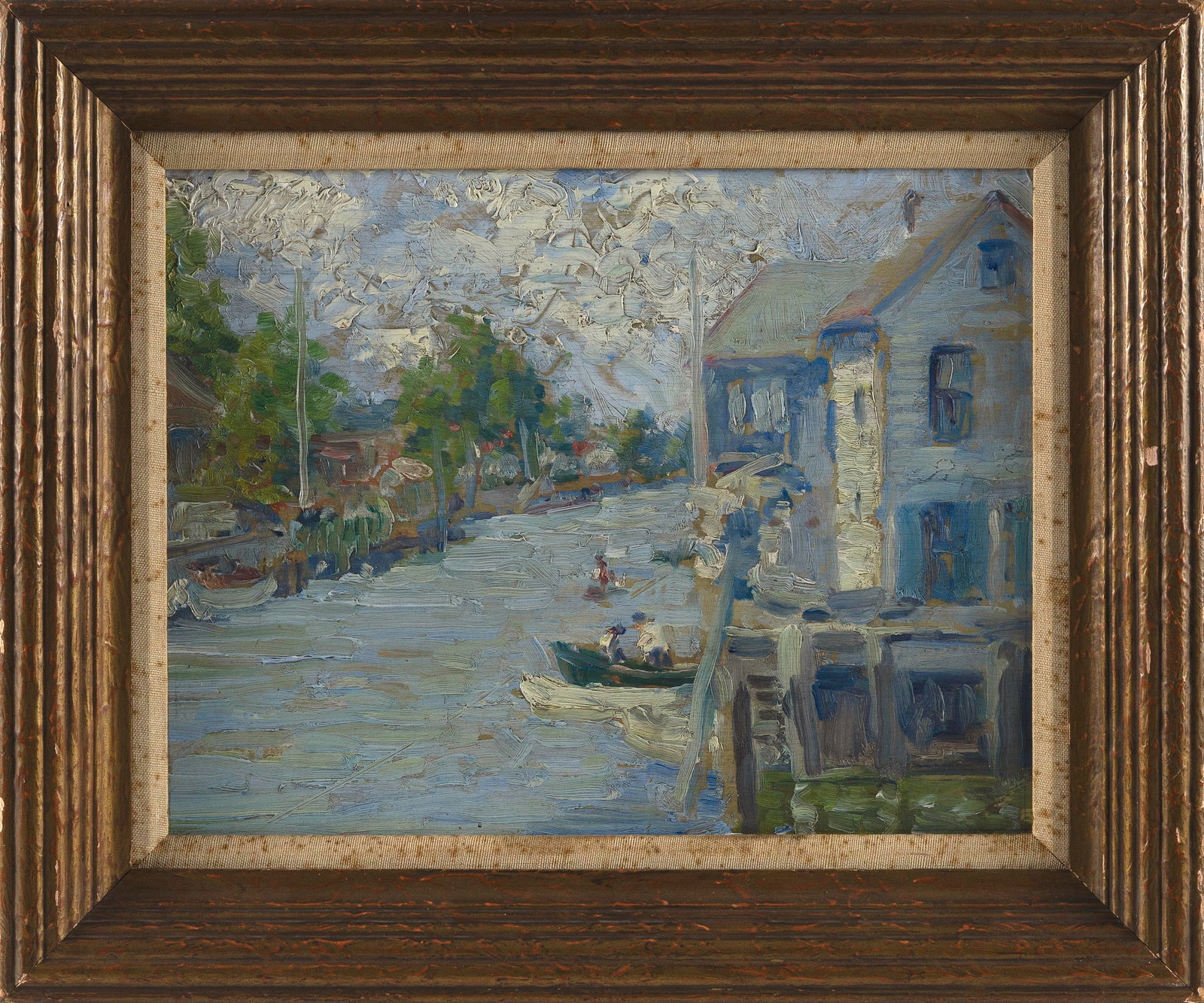 AMERICAN SCHOOL (20th Century,), Impressionist scene of houses on a river., Oil on board, 11" x 14". (1 of 2)