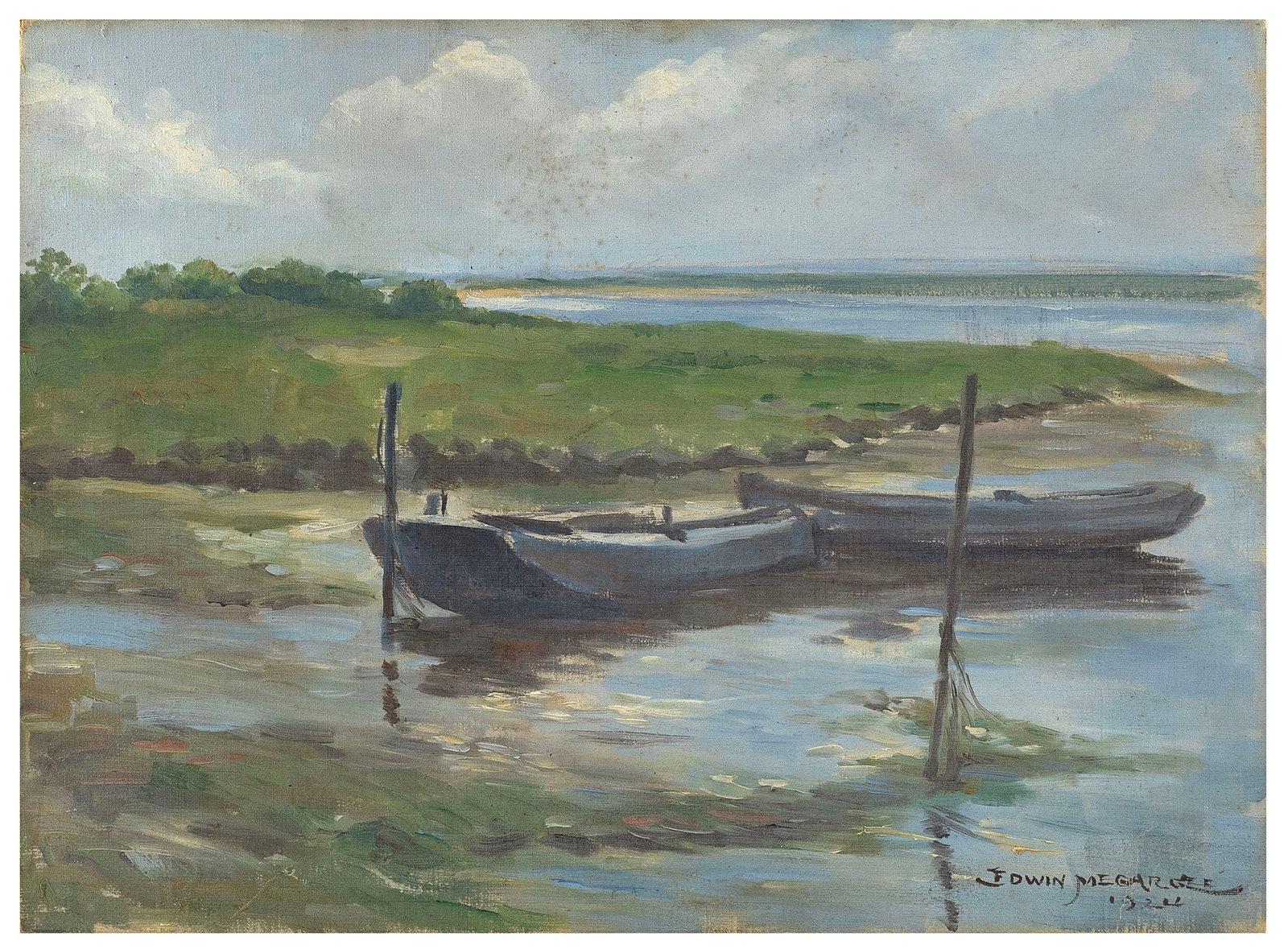 EDWIN MEGARGEE (Pennsylvania/New York, 1883-1958), Boats in a marsh., Oil on canvas panel, 10" x (1 of 2)
