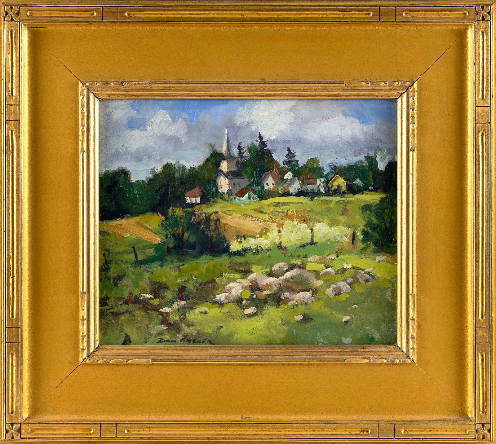 DONALD GRIEGER (New York, 1934-2023), Rural village scene., Oil on board, 8" x 10". Framed 17" x (1 of 2)