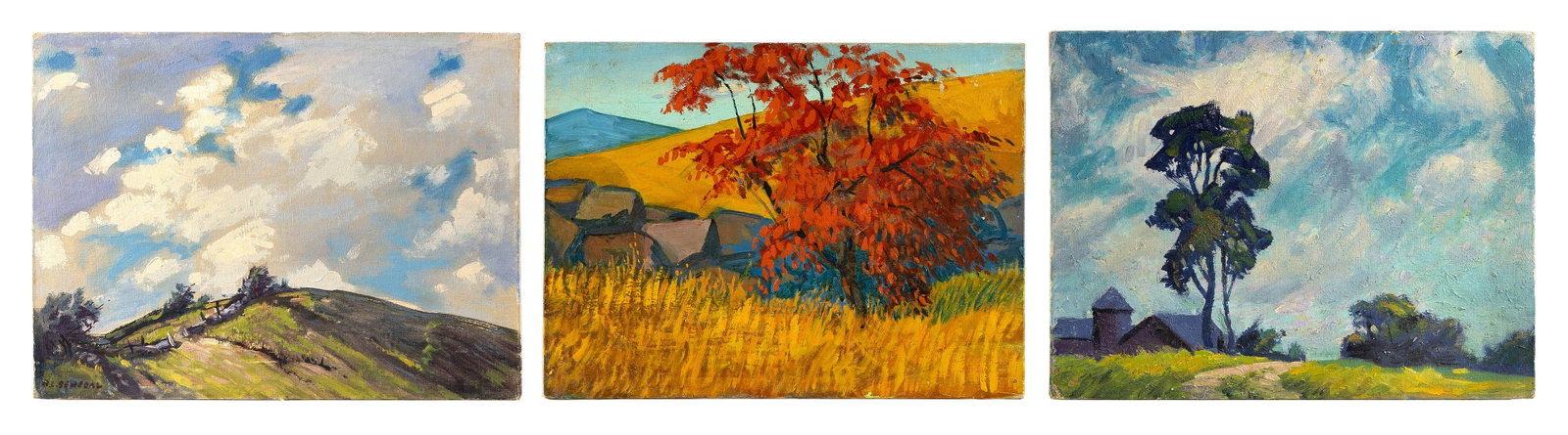 AMERICAN SCHOOL (20th Century,), Three landscapes., Oils on canvas board, 12" x 16". Unframed. (1 of 5)