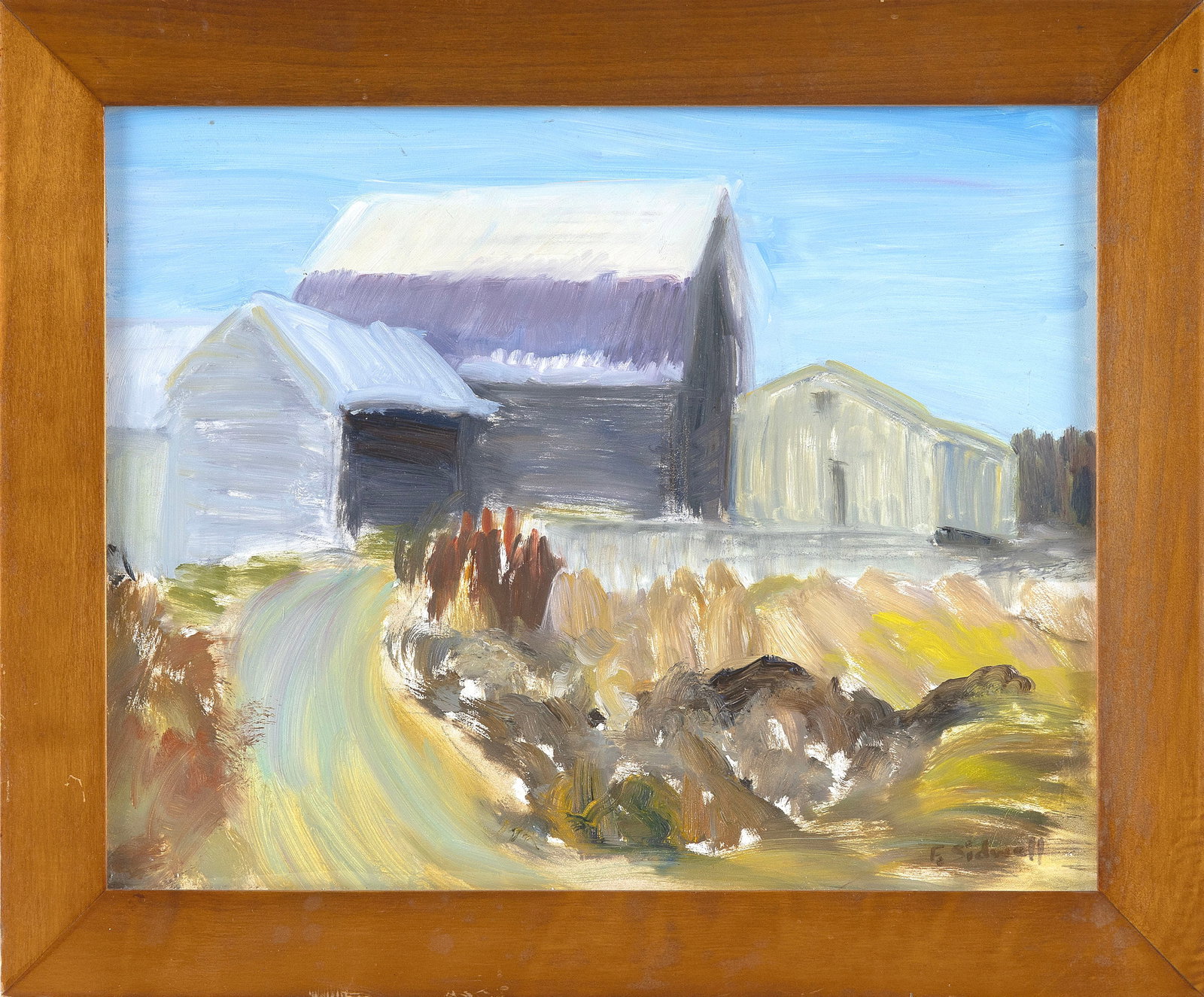 FELICITY SIDWELL (Massachusetts, Contemporary), Barns on a country road., Oil on canvas, 11" x 14".: FELICITY SIDWELL Massachusetts, Contemporary Barns on a country road. Signed lower right "F. Sidwell". Oil on canvas, 11" x 14". Framed 13.5" x 16.5".