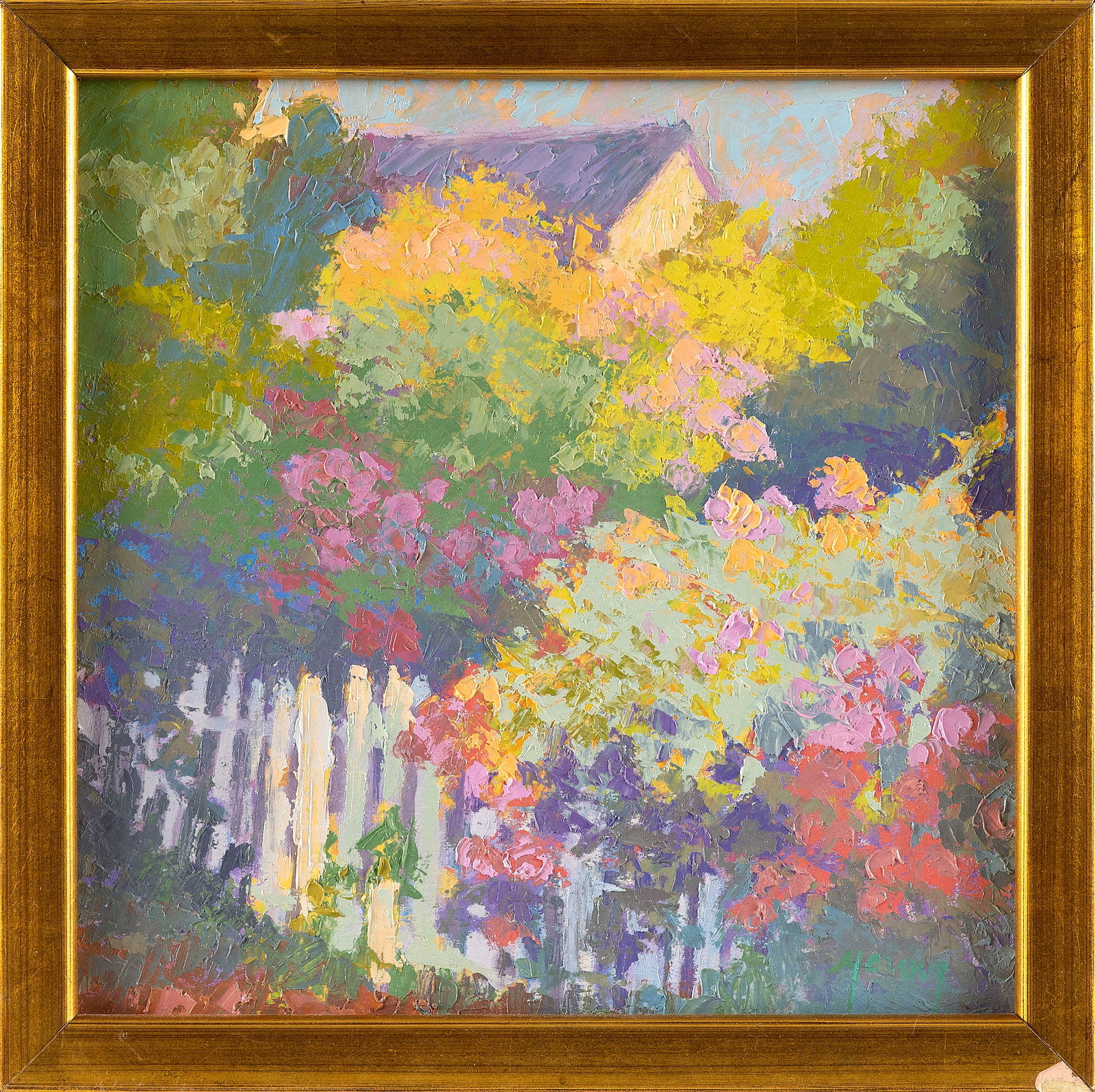 LAWRENCE YOUNG (Massachusetts, Contemporary), "Rose Cascade"., Oil on canvas, 12" x 12". Framed: LAWRENCE YOUNG Massachusetts, Contemporary "Rose Cascade". Artist identified, titled and dated "7/8/2003" verso. Oil on canvas, 12" x 12". Framed 13.5" x 13.5".