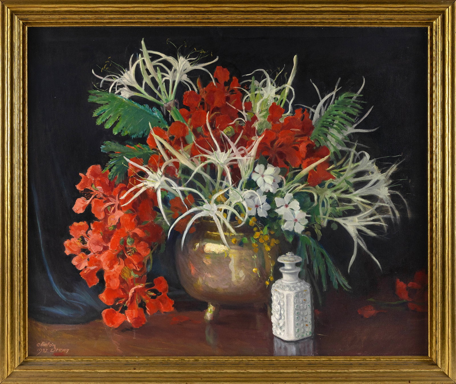 CLINTON BROWN (New York, d. 1954), Still life of red and white flowers., Oil on canvas, 29" x 35".: CLINTON BROWN New York, d. 1954 Still life of red and white flowers. Signed and dated lower left "Clinton Brown 1937". Oil on canvas, 29" x 35". Framed 34" x 39".
