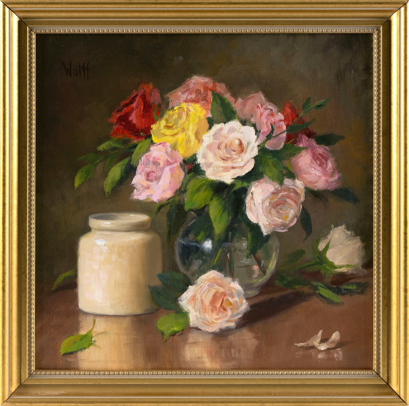 AMERICAN SCHOOL (Contemporary,), Still life of roses and a stoneware crock., Oil on board, 16" x: AMERICAN SCHOOL Contemporary Still life of roses and a stoneware crock. Signed upper left "Wolff". Oil on board, 16" x 16". Framed 19" x 19".