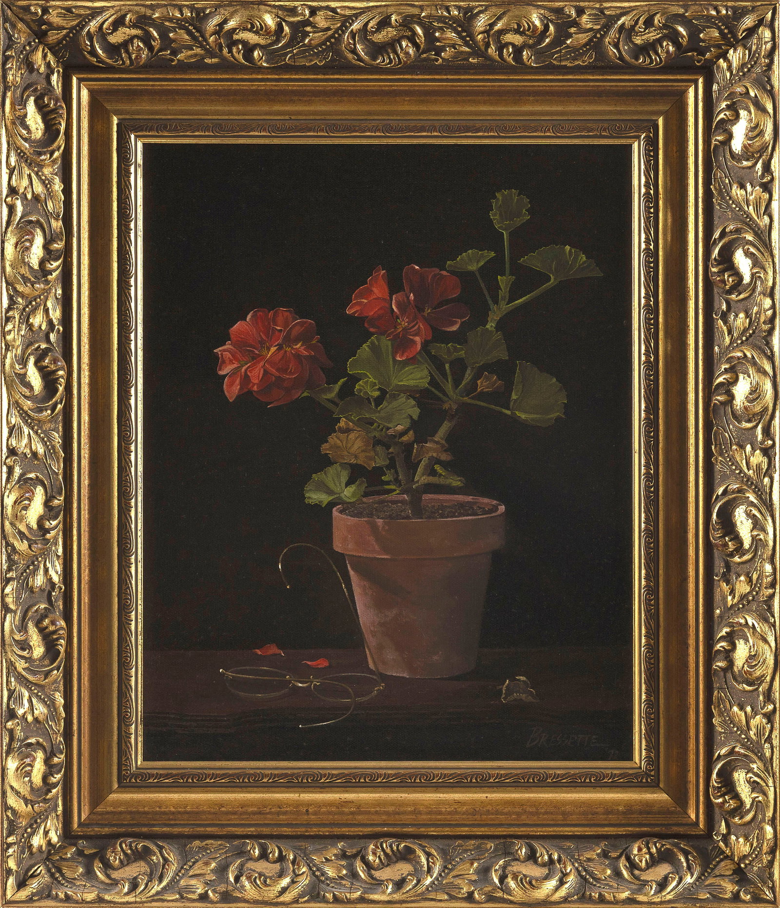 RONALD E. BRESSETTE (Massachusetts, 1931-2016), Still life of potted geranium and eyeglasses., Oil: RONALD E. BRESSETTE Massachusetts, 1931-2016 Still life of potted geranium and eyeglasses. Signed and dated lower right "Bressette 72". Oil on canvas, 14.5" x 11". Framed 20" x 17".