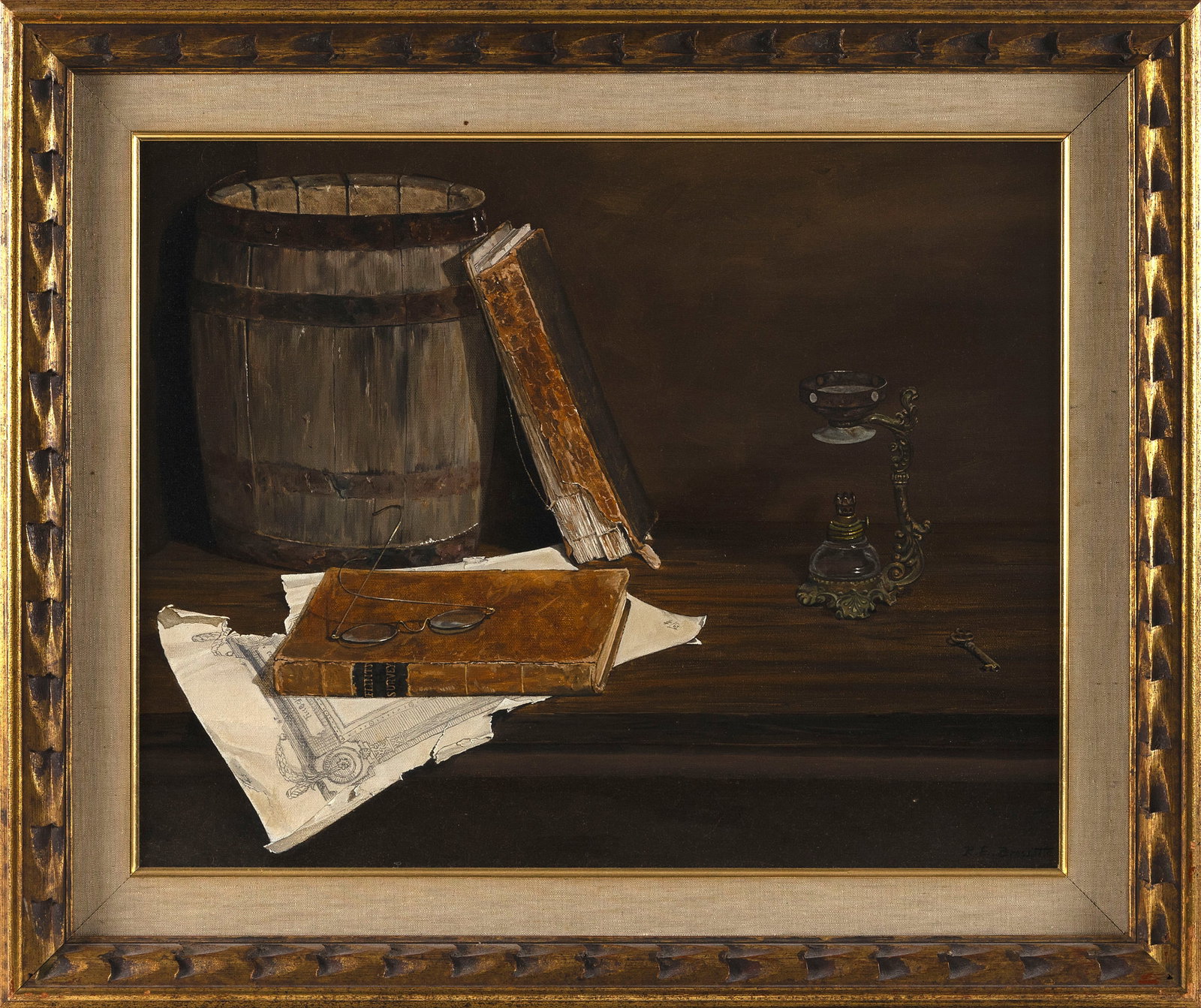 RONALD E. BRESSETTE (Massachusetts, 1931-2016), Still life of books, a cask, eyeglasses and a lamp.,: RONALD E. BRESSETTE Massachusetts, 1931-2016 Still life of books, a cask, eyeglasses and a lamp. Signed lower right "RE Bressette". Oil on canvas, 16" x 20". Framed 22" x 25.5".