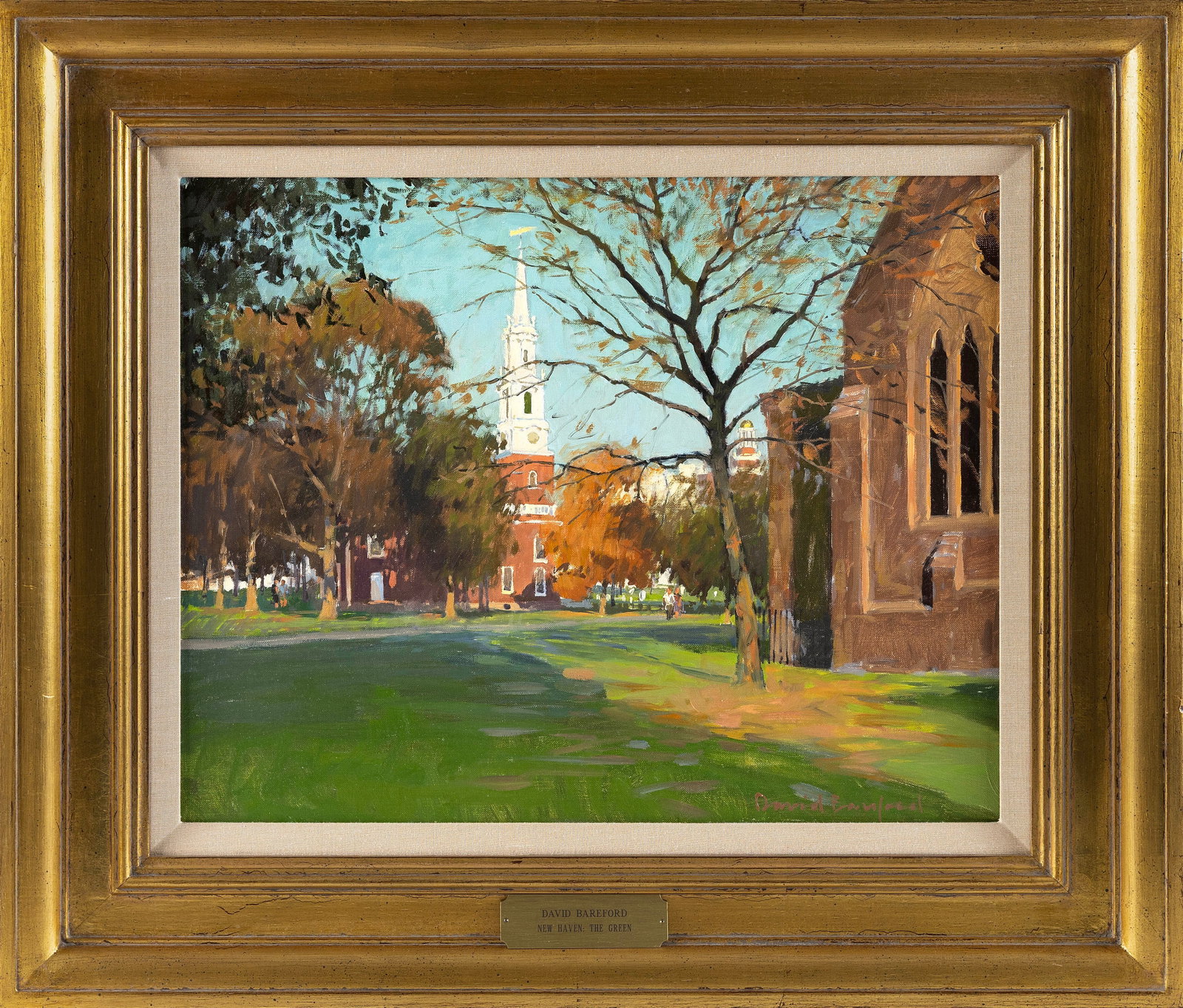 DAVID BAREFORD (Massachusetts, 1947-), "New Haven, the Green"., Oil on canvas, 15" x 20". Framed 24" (1 of 2)