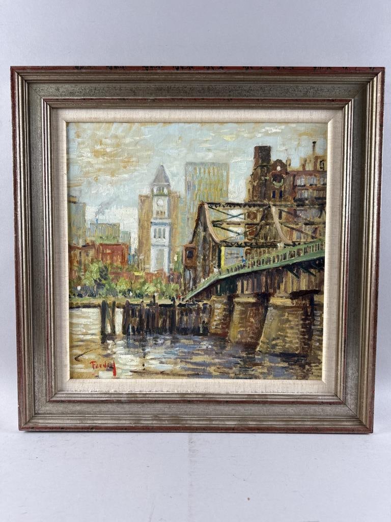 LORETTA FEENEY (Massachusetts, 1961-), "Charlestown Bridge"., Oil on canvas, 16" x 16". Framed 21.5": LORETTA FEENEY Massachusetts, 1961- "Charlestown Bridge". Signed lower left "Feeney". Titled and dated 1994 verso. Oil on canvas, 16" x 16". Framed 21.5" x 21.5".