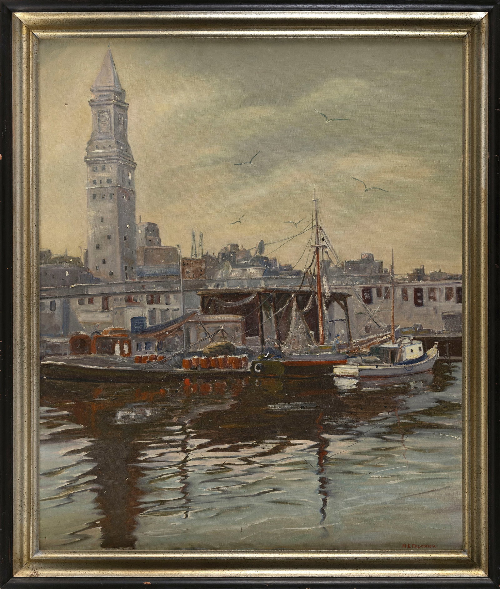 MARGUERITE ELIZABETH FALCONER (Massachusetts, 1919-2016), Boston Harbor with the Custom House in the: MARGUERITE ELIZABETH FALCONER Massachusetts, 1919-2016 Boston Harbor with the Custom House in the background. Signed lower right "M.E. Falconer". Oil on canvas, 36" x 30". Framed 40.5" x 34.5".