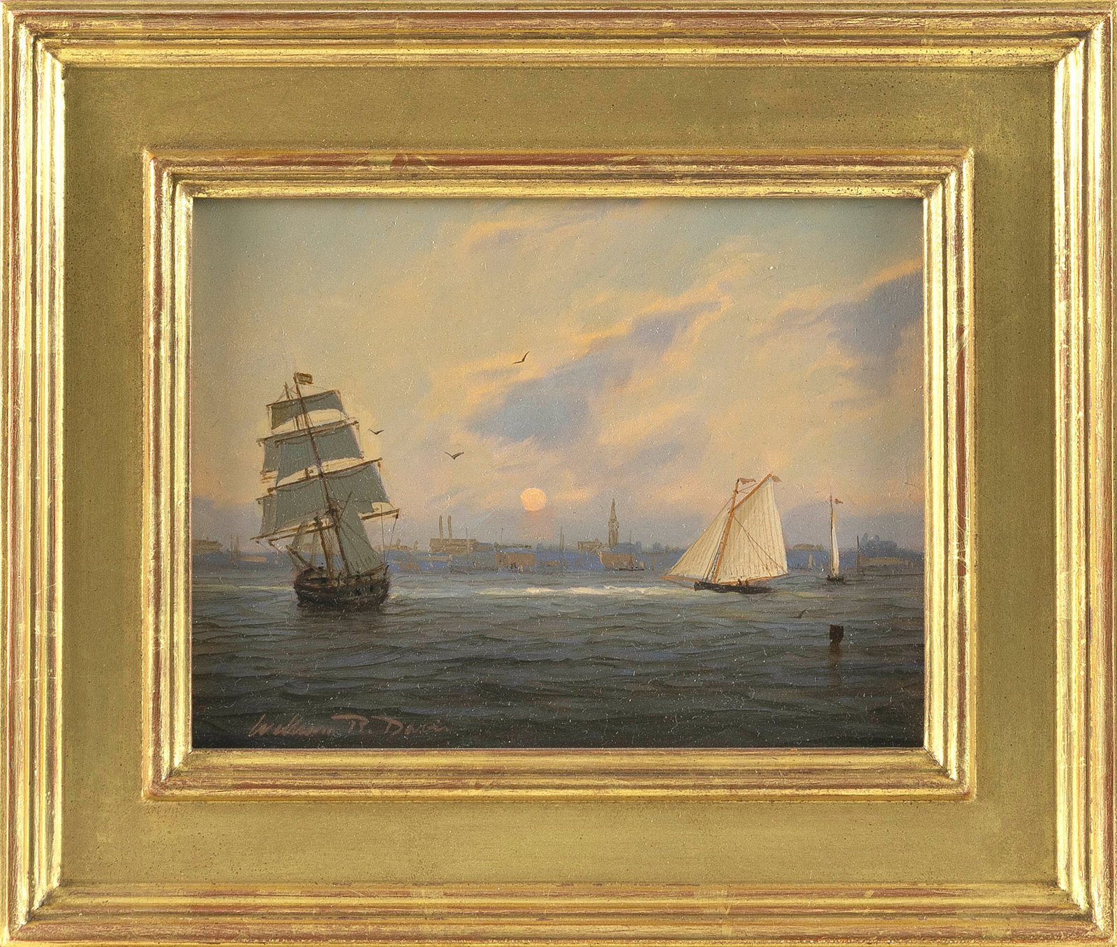 WILLIAM R. DAVIS (Massachusetts, 1952-), "Harbor Traffic"., Oil on masonite, 6" x 8". Framed 9.5" x (1 of 1)