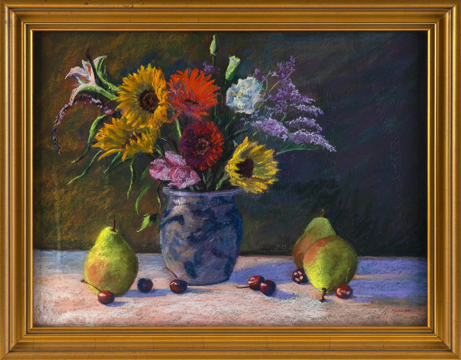 JAN MESSIER (Massachusetts, 1949-), "Cherries and Pears"., Pastel, 18.5" x 24.5". Framed 22" x 28". (1 of 2)
