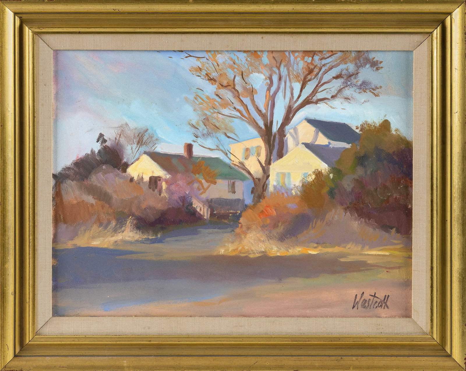 CAROL WHORF WESTCOTT (Massachusetts, 1926-2008), "Afternoon Shadows"., Oil on canvas, 12" x 16". (1 of 2)