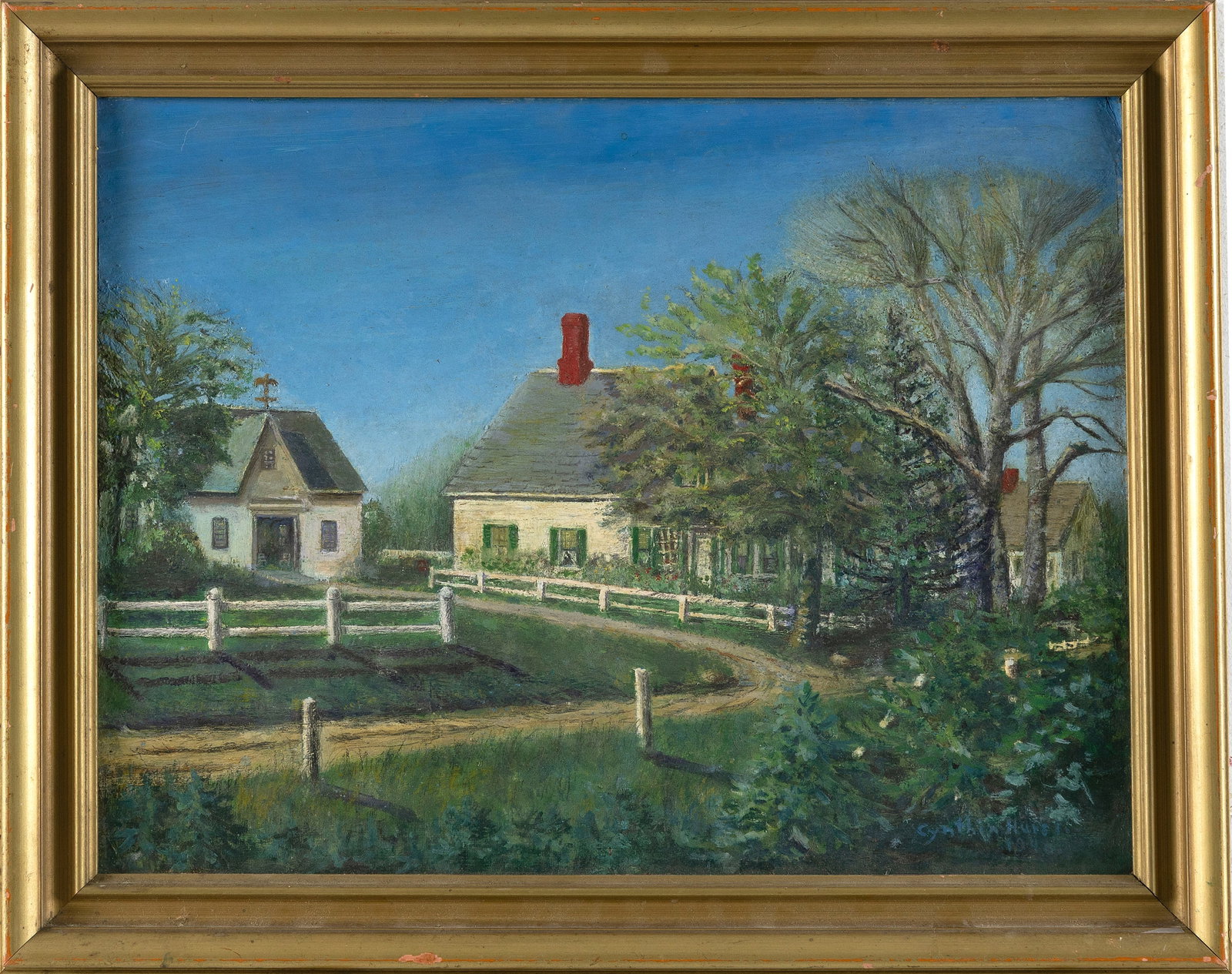 CYNTHIA HURST (America, Mid-20th Century), "Freeman Ryder House"., Oil on board, 12" x 16". Framed: CYNTHIA HURST America, Mid-20th Century "Freeman Ryder House". Handwriten note verso ascribes the work to Hurst and notes it depicts the Ryder house on Main Street in Harwich, Massachusetts. Oil on bo
