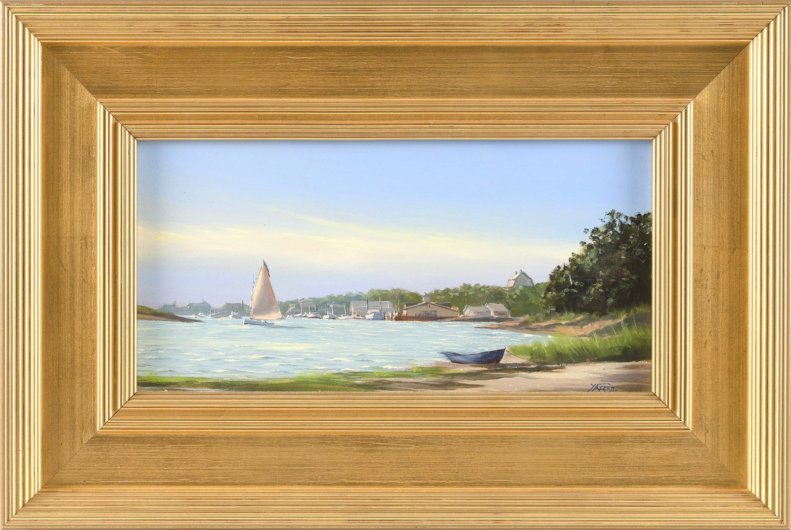 YVES PARENT (France/Connecticut, 1941-2011), "Chatham Harbor From Bottom of Cow Yard Lane"., Oil on: YVES PARENT France/Connecticut, 1941-2011 "Chatham Harbor From Bottom of Cow Yard Lane". Signed lower right "YParent". Oil on panel, 6" x 12". Framed 12" x 18".