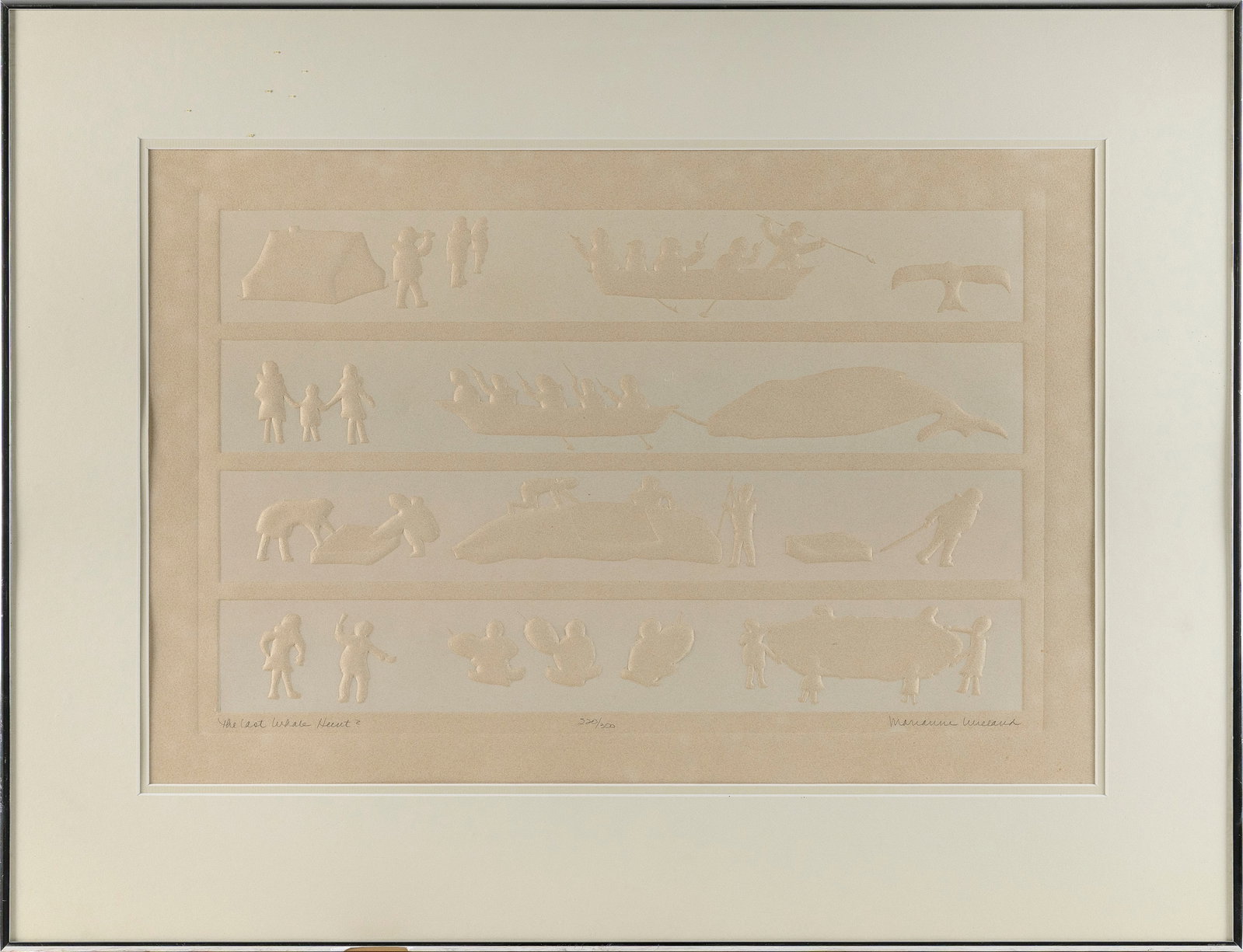MARIANNE WIELAND (America, 20th Century), "The Last Whale Hunt?"., Embossed print on paper, 16.5" x: MARIANNE WIELAND America, 20th Century "The Last Whale Hunt?". Signed lower right "Marianne Wieland". Titled lower left. Numbered 220/300. Embossed print on paper, 16.5" x 25". Framed 25" x 32.5".