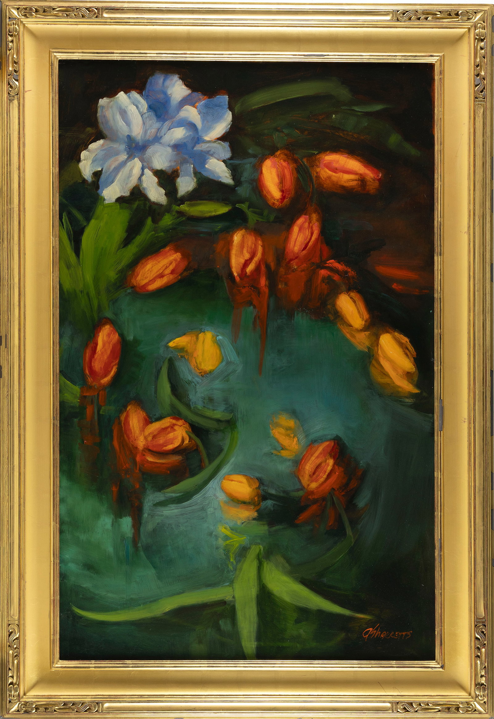 GAIL SHARRETTS (Nantucket, Massachusetts, Contemporary), Floral still life., Oil on masonite, 48" x: GAIL SHARRETTS Nantucket, Massachusetts, Contemporary Floral still life. Signed lower right "G. Sharretts". Oil on masonite, 48" x 30". Framed 56.5" x 38.5".