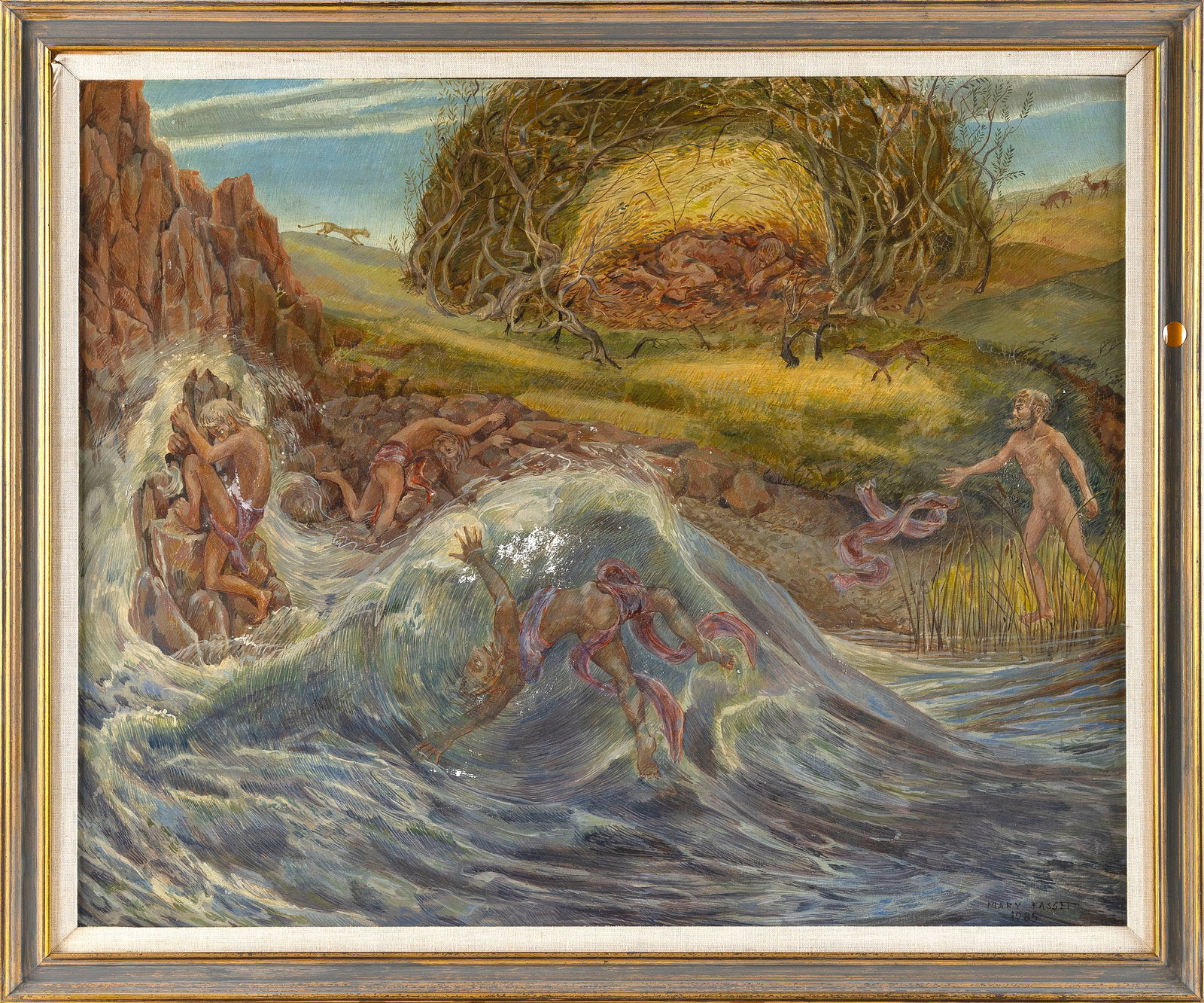 MARY CROCKER FASSETT (Massachusetts, 1915-2016), Allegorical figural landscape., Oil on panel, 26" x (1 of 2)