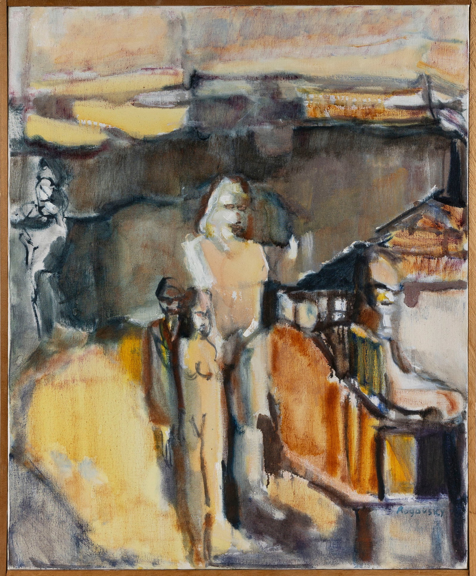 MICHAEL ROGOVSKY (Massachusetts, 1949-), "The Family"., Oil on canvas, 30" x 24". Framed 31" x 25".: MICHAEL ROGOVSKY Massachusetts, 1949- "The Family". Signed lower right "Rogovsky". Titled and dated 1978 verso. Inscription on reverse references Rising Tide, a former art cooperative in Provincetown,