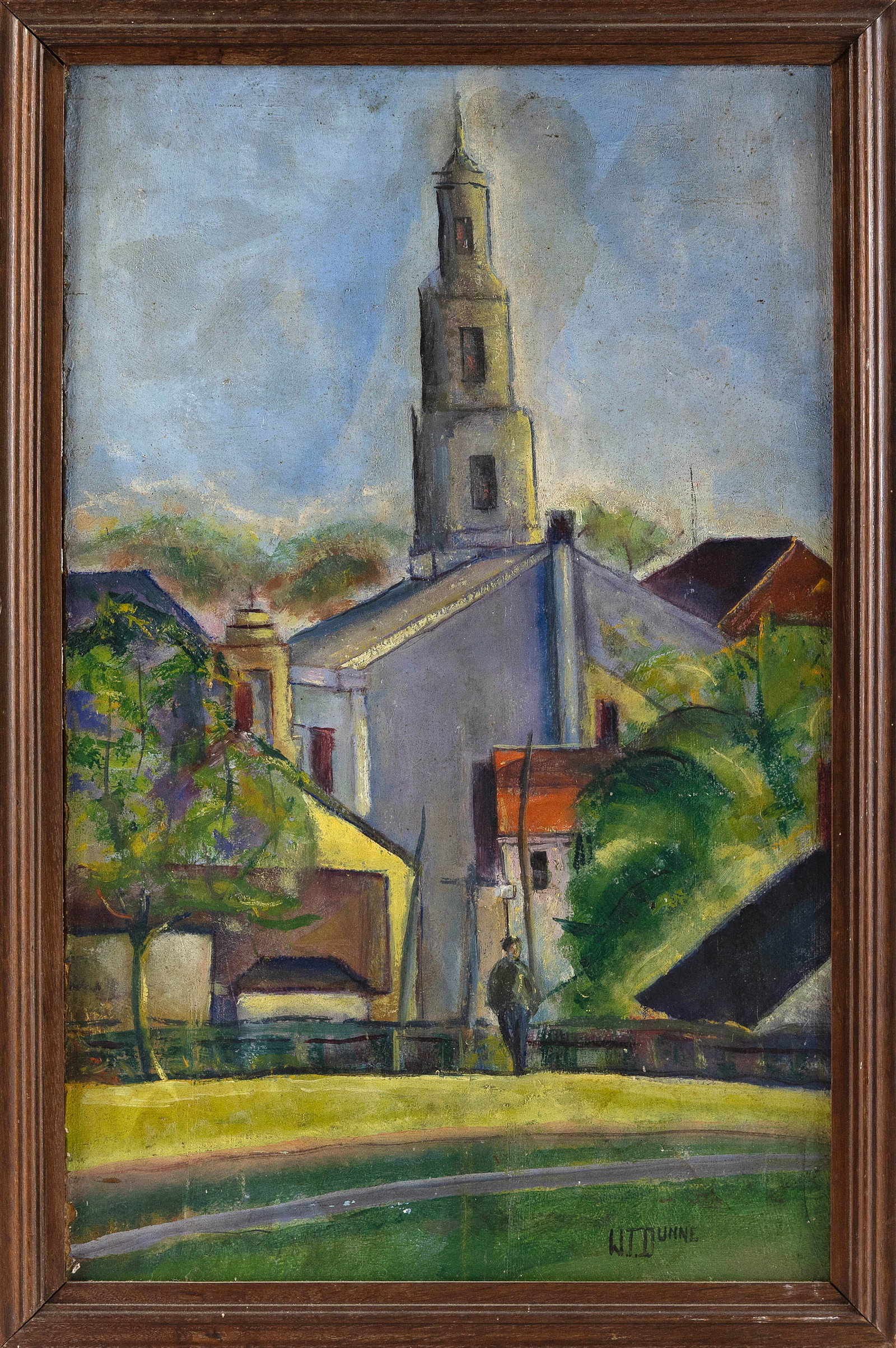 WALTER THOMAS DUNNE (20th Century,), "Bradford St. Provincetown May"., Oil on masonite, 21" x 13".: WALTER THOMAS DUNNE 20th Century "Bradford St. Provincetown May". Signed lower right "W.T. Dunne" (artist untraced). Remnants of two exhibit labels verso. Oil on masonite, 21" x 13". Framed 23" x 15".