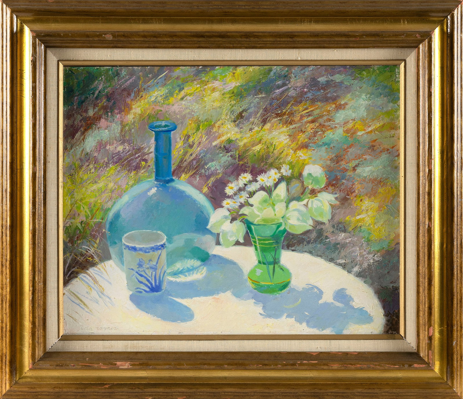 ADA RAYNER HENSCHE (Massachusetts, 1901-1985), "Blue Glass with Flowers Against Hillside"., Oil on: ADA RAYNER HENSCHE Massachusetts, 1901-1985 "Blue Glass with Flowers Against Hillside". Signed lower left "Ada Rayner". Titled verso. Oil on board, 16" x 20". Framed 23" x 27".
