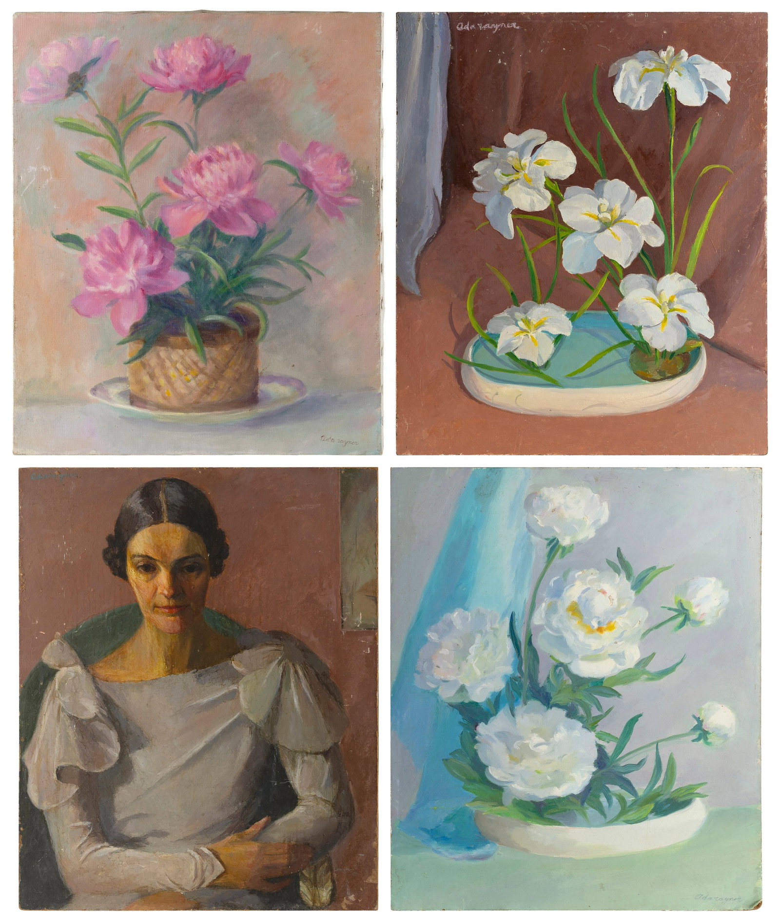 ADA RAYNER HENSCHE (Massachusetts, 1901-1985), Four works:, One oil on canvas and three oils on: ADA RAYNER HENSCHE Massachusetts, 1901-1985 Four works: 1) Pink peonies. Signed lower right. 2) White peonies. Signed lower right. 3) White iris. Signed upper left. 4) Portrait of a seated lady wearin