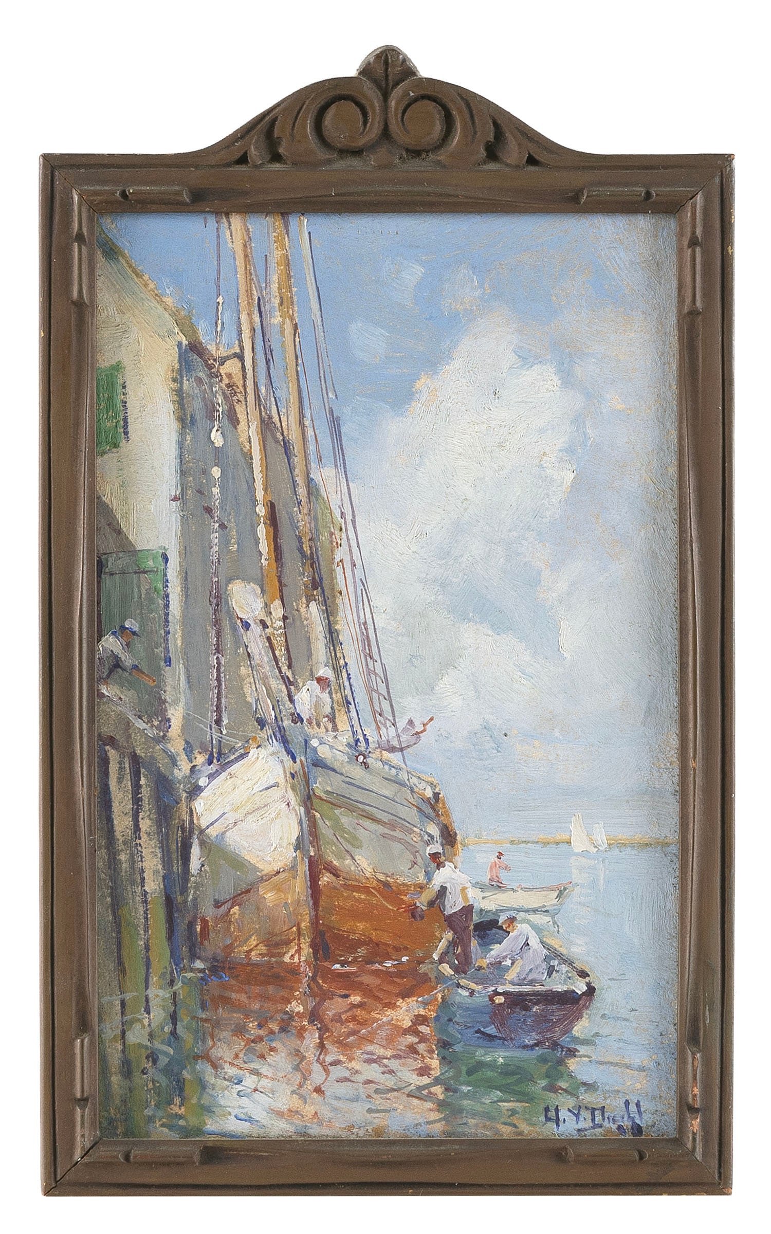 ARTHUR VIDAL DIEHL (Massachusetts/New York/England, 1870-1929), Unloading a schooner., Oil on board, (1 of 1)