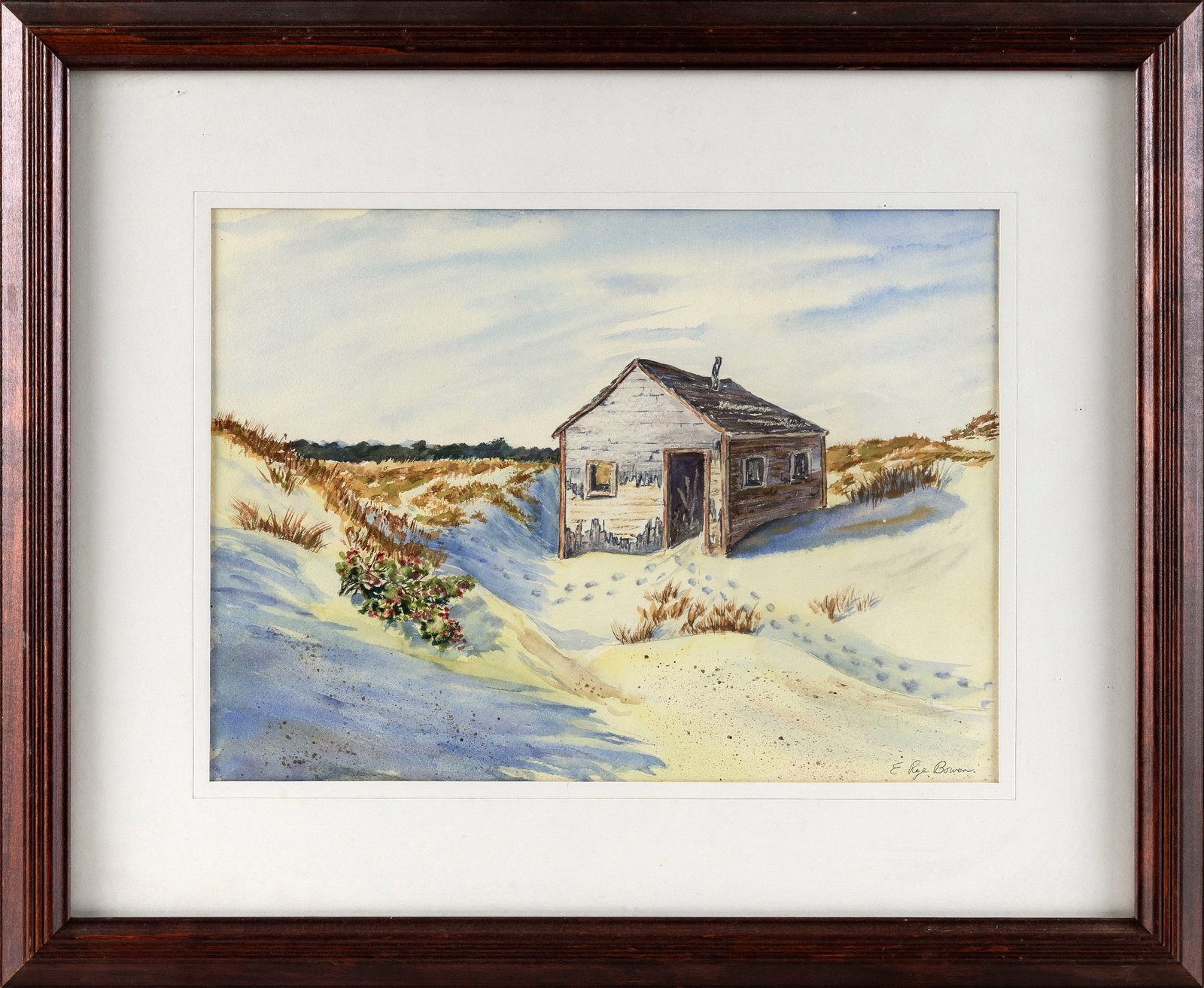 E.R. BOWEN (America, 20th Century), Dune shack., Watercolor on Arches, 10" x 14" sight. Framed 19" x: E.R. BOWEN America, 20th Century Dune shack. Signed lower right "E.R. Bowen". Watercolor on Arches, 10" x 14" sight. Framed 19" x 22".
