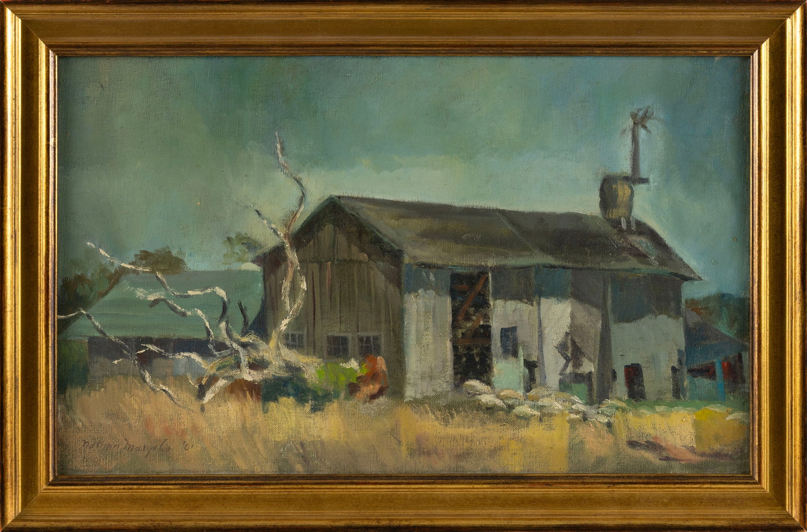 NATHAN MARGOLIS (America, 1908-1964), "Quenames Barn (at West Tisbury) Martha's Vineyard, Mass.".,: NATHAN MARGOLIS America, 1908-1964 "Quenames Barn (at West Tisbury) Martha's Vineyard, Mass.". Signed lower left "Nathan Margolis". Titled verso. Oil on canvas, 12" x 20". Framed 15" x 23".