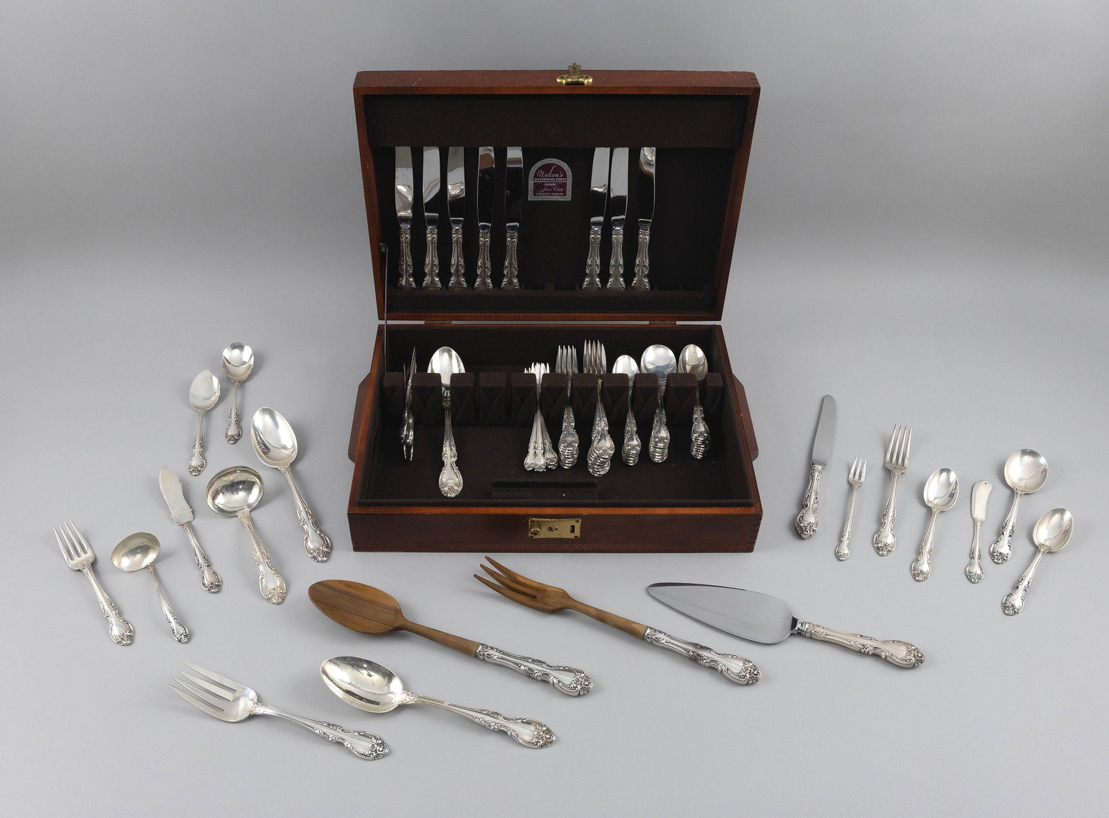 GORHAM "MELROSE" STERLING SILVER FLATWARE SET Providence, Rhode Island, Mid-20th Century Approx.: GORHAM "MELROSE" STERLING SILVER FLATWARE SET Providence, Rhode Island, Mid-20th Century Approx. 81 pieces. Includes: 9 dinner forks, lengths 7.25" 9 luncheon forks, lengths 6.75" 9 seafood forks, len