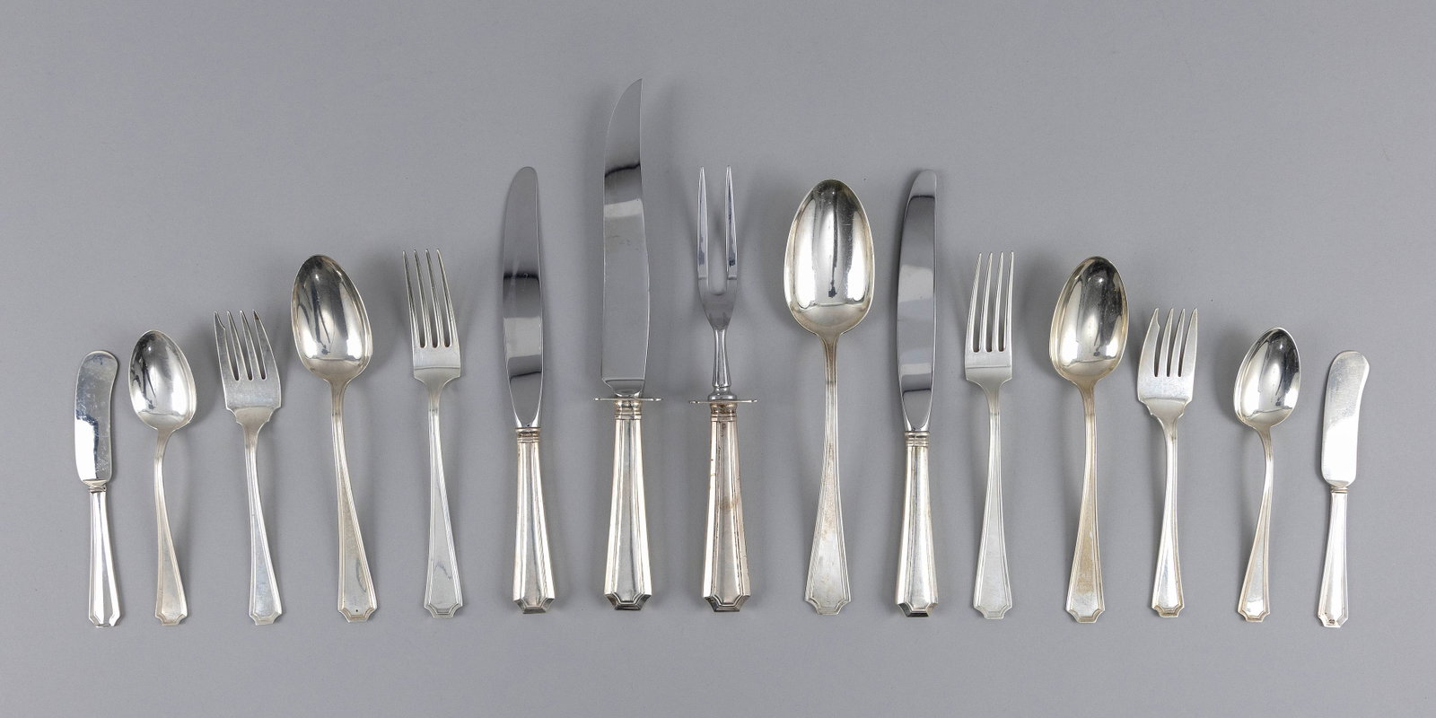 GORHAM "FAIRFAX" STERLING SILVER FLATWARE SET Providence, Rhode Island, Early to Mid-20th Century: GORHAM "FAIRFAX" STERLING SILVER FLATWARE SET Providence, Rhode Island, Early to Mid-20th Century Approx. 56 pieces. Includes: 9 luncheon forks, lengths 7" 16 salad forks, lengths 6.25" 8 tablespoons,
