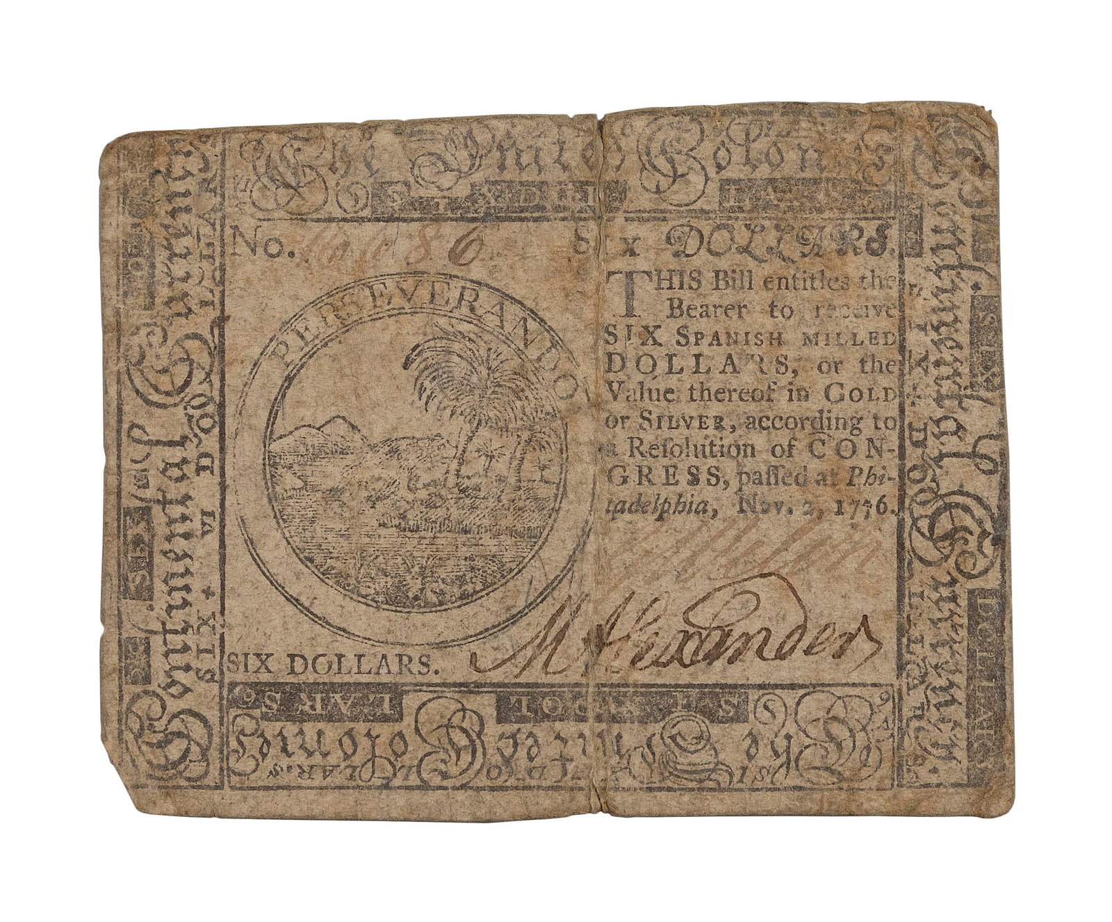 1776 CONTINENTAL CURRENCY SIX-DOLLAR NOTE 3" x 3.75". (1 of 2)