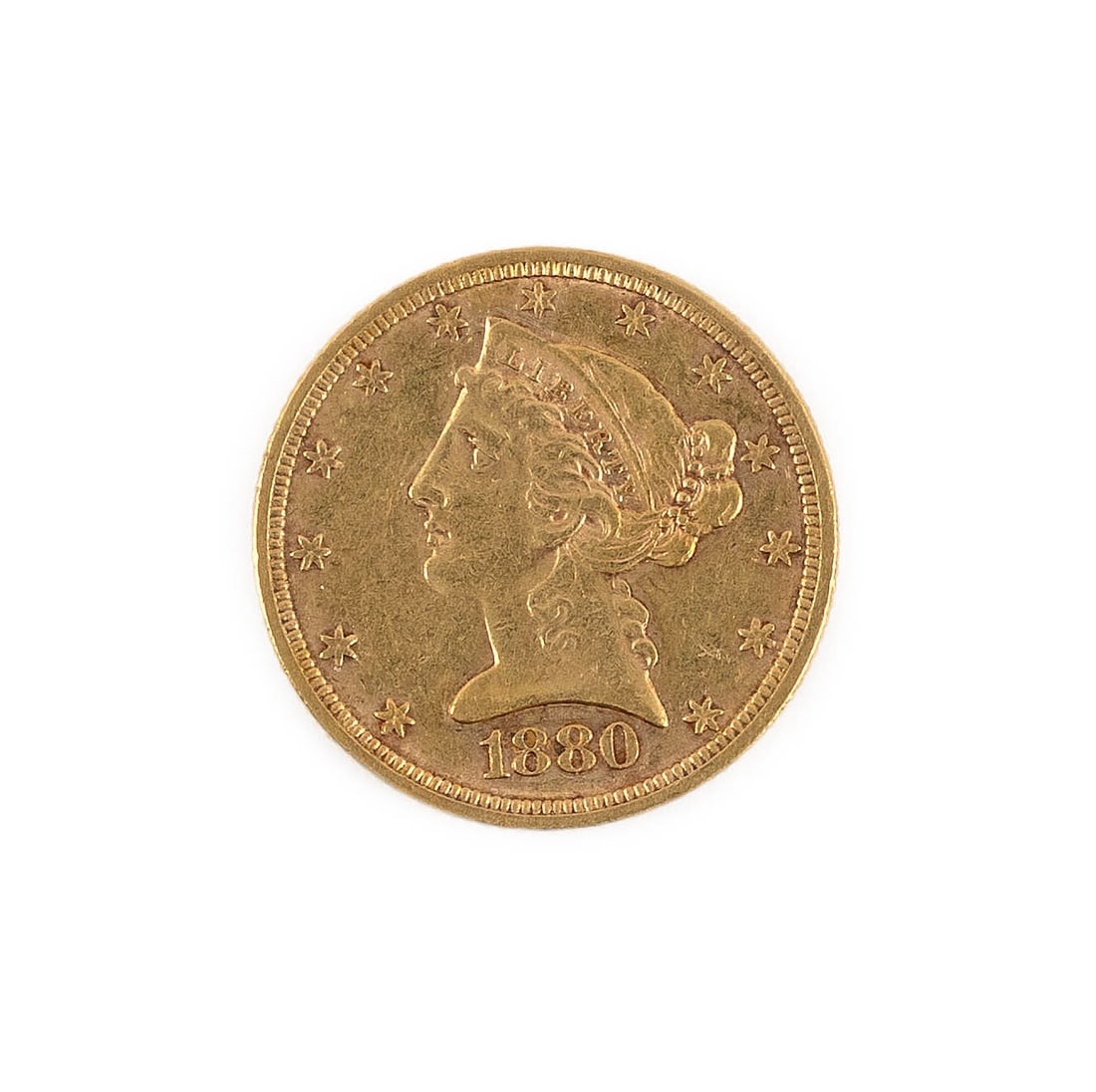 1880 U.S. $5 LIBERTY HEAD GOLD COIN Approx. 5.4 dwt.: 1880 U.S. $5 LIBERTY HEAD GOLD COIN Ungraded but shows normal signs of wear. Approx. 5.4 dwt.