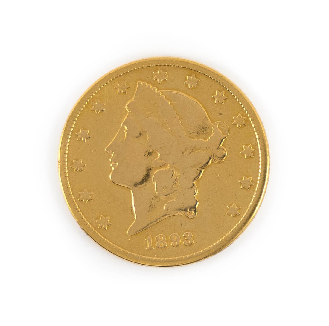1893-S U.S. $20 LIBERTY HEAD GOLD COIN Approx. 21.2 dwt.: 1893-S U.S. $20 LIBERTY HEAD GOLD COIN Ungraded but both sides show moderate wear from normal use. Approx. 21.2 dwt.
