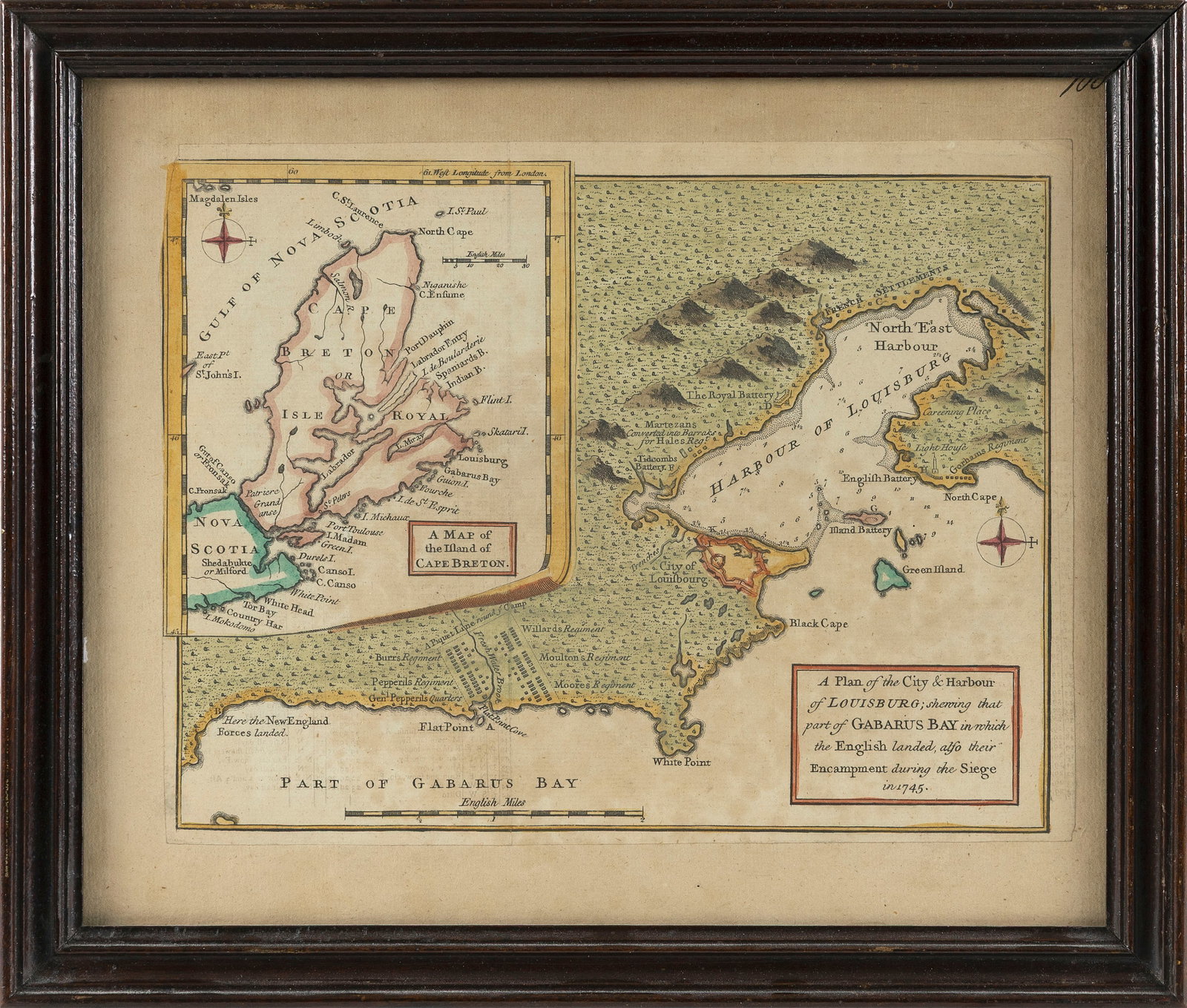 HAND-COLORED MAP OF LOUISBURG, CAPE BRETON 18th Century 9.5" x 11.5" sight. Framed 11.5" x 13.5". (1 of 2)